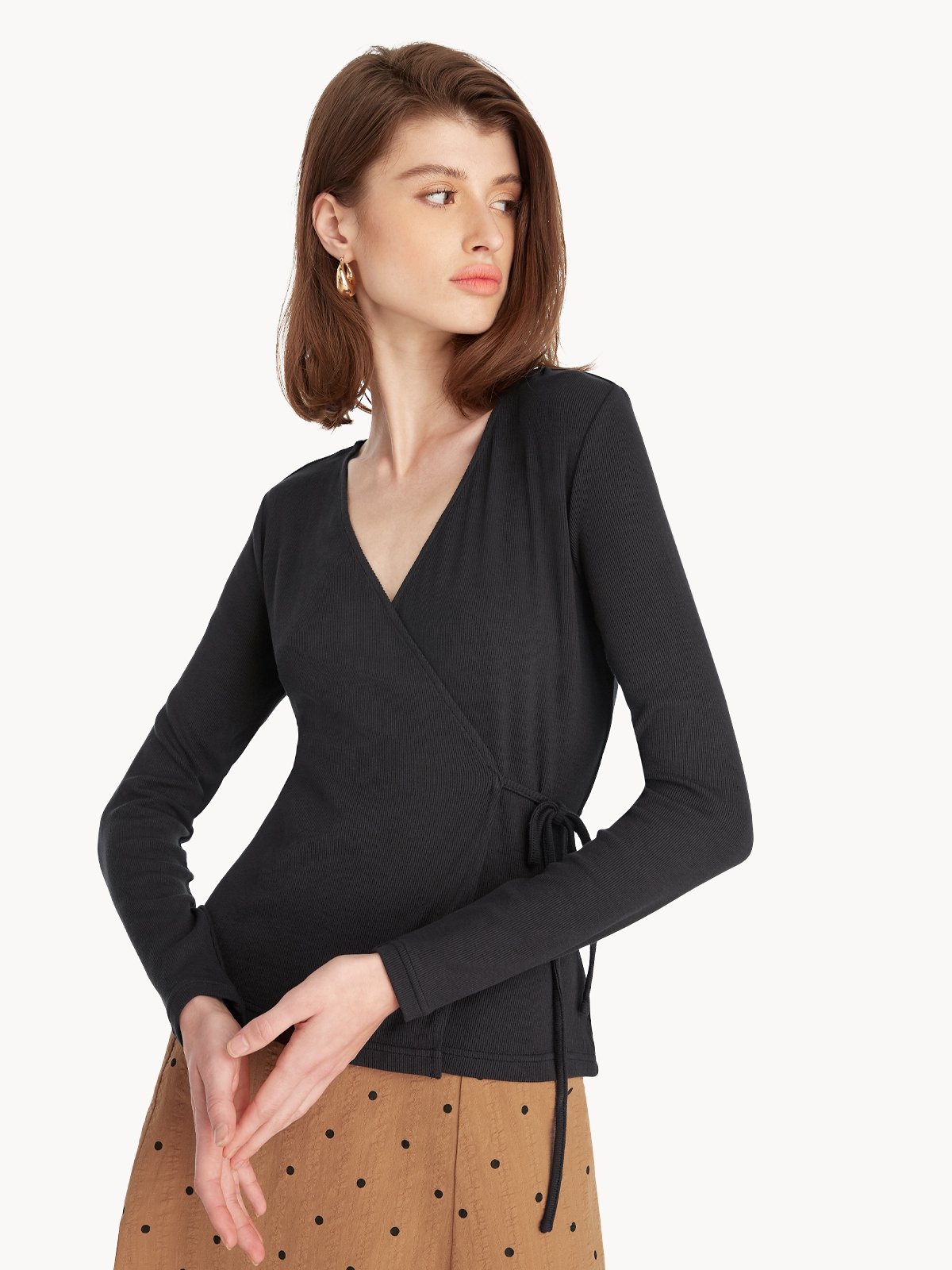 V Neck Wrap Top Black Pomelo Fashion