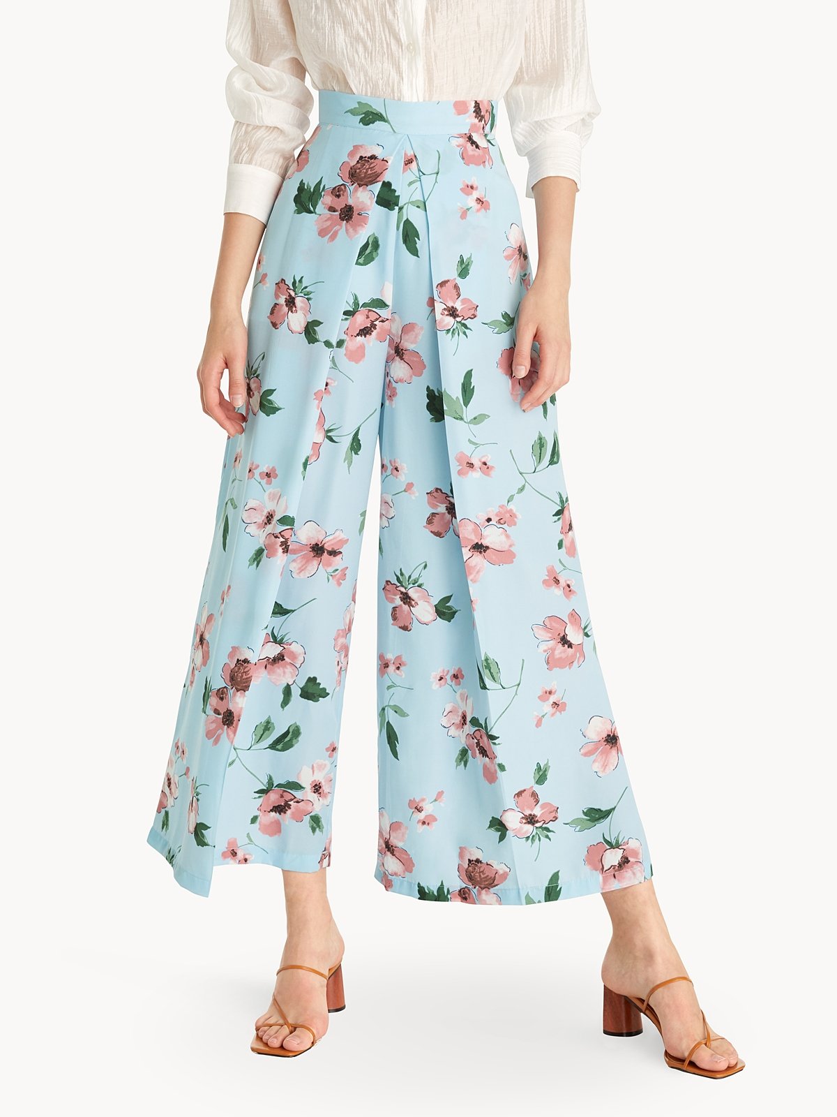 Pleated High Waist Floral Pants Blue