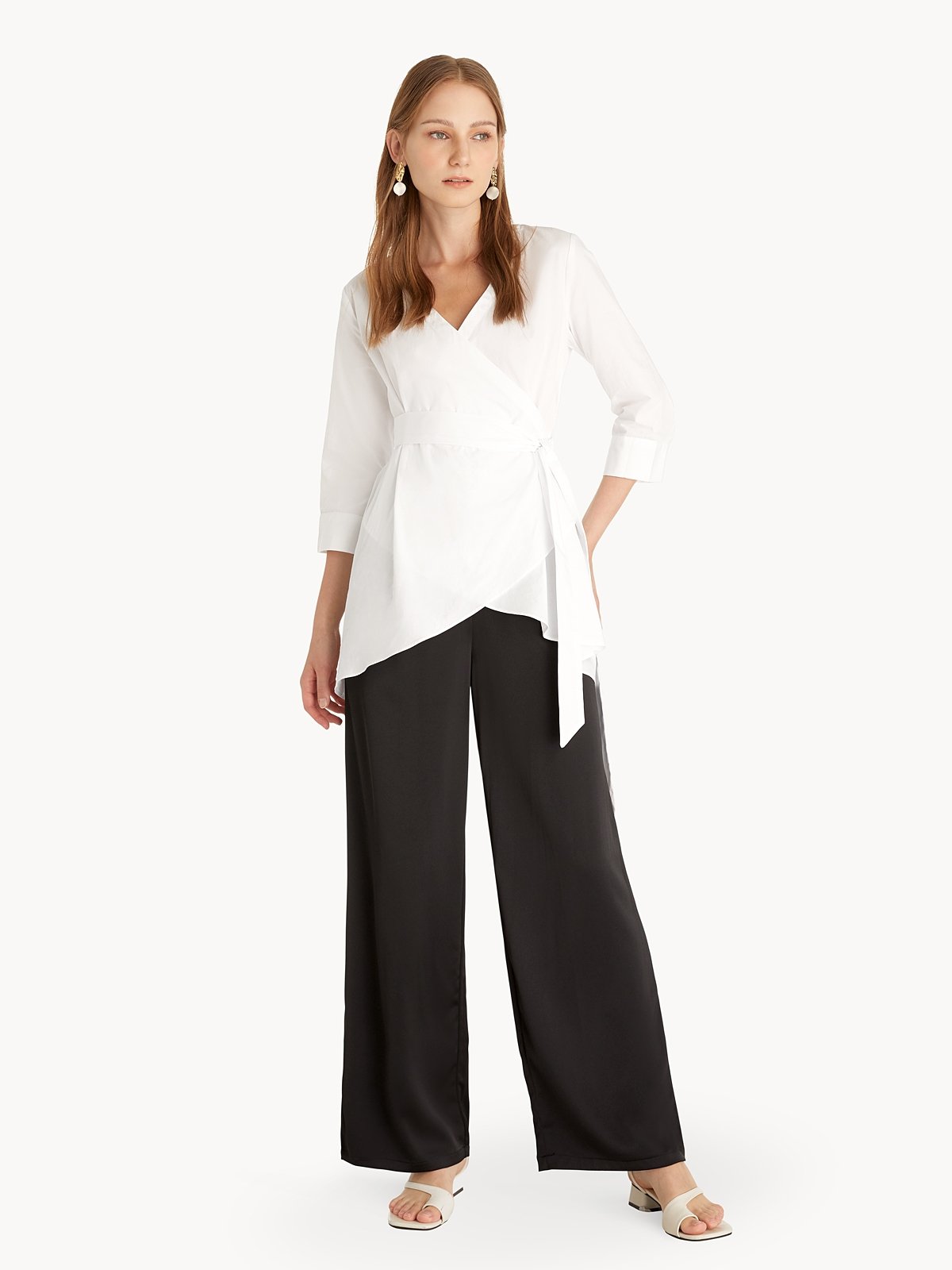 Waist Tie Wrap Blouse - White - Pomelo Fashion