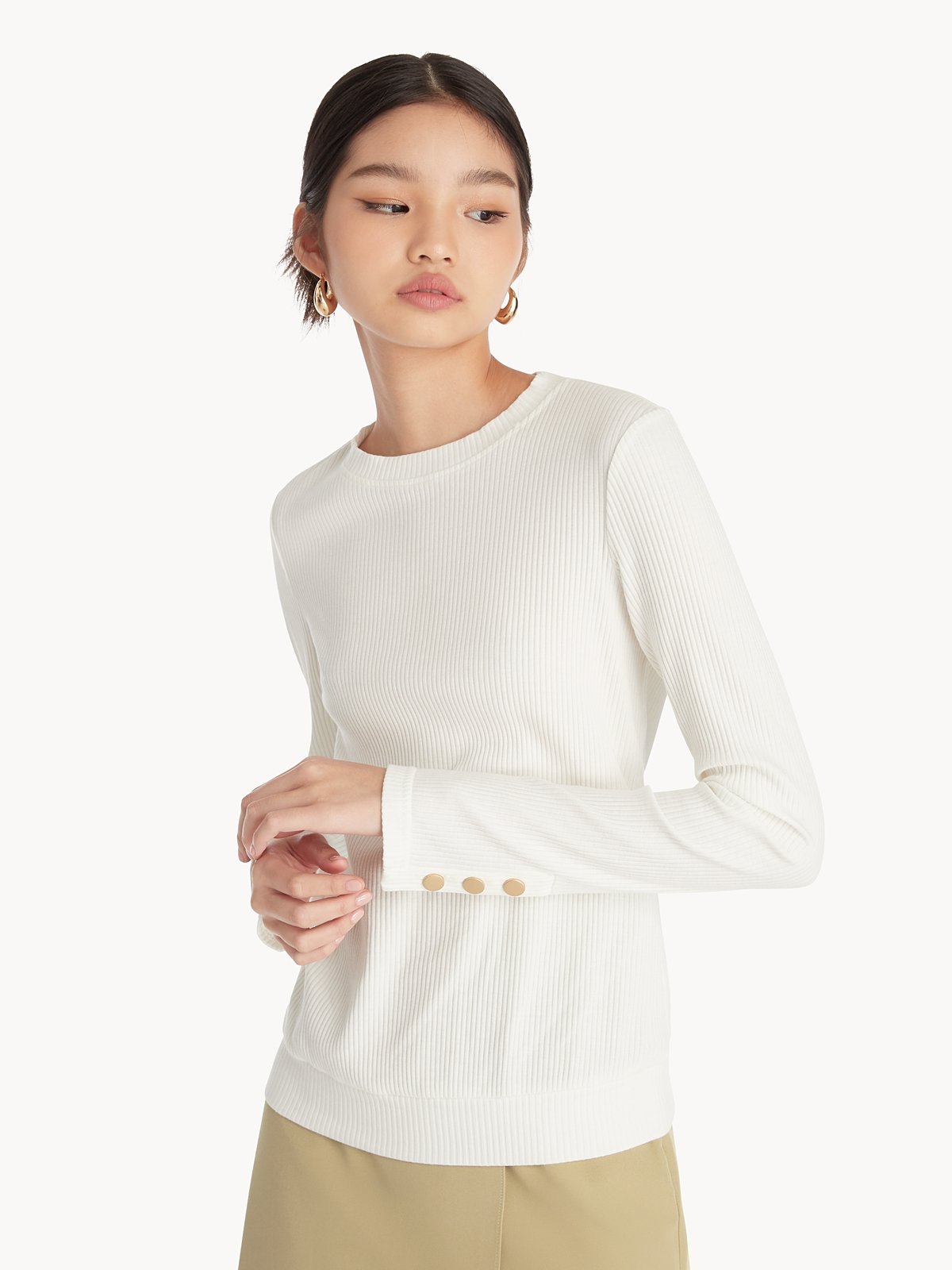 Button Full Sleeves Ribbed Top White Pomelo Fashion 3323