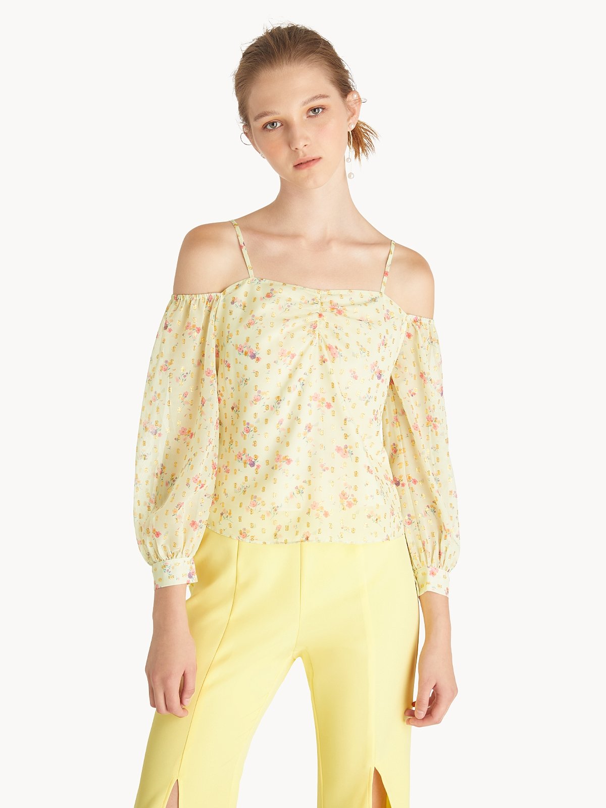 Yellow floral cold shoulder top hot sale