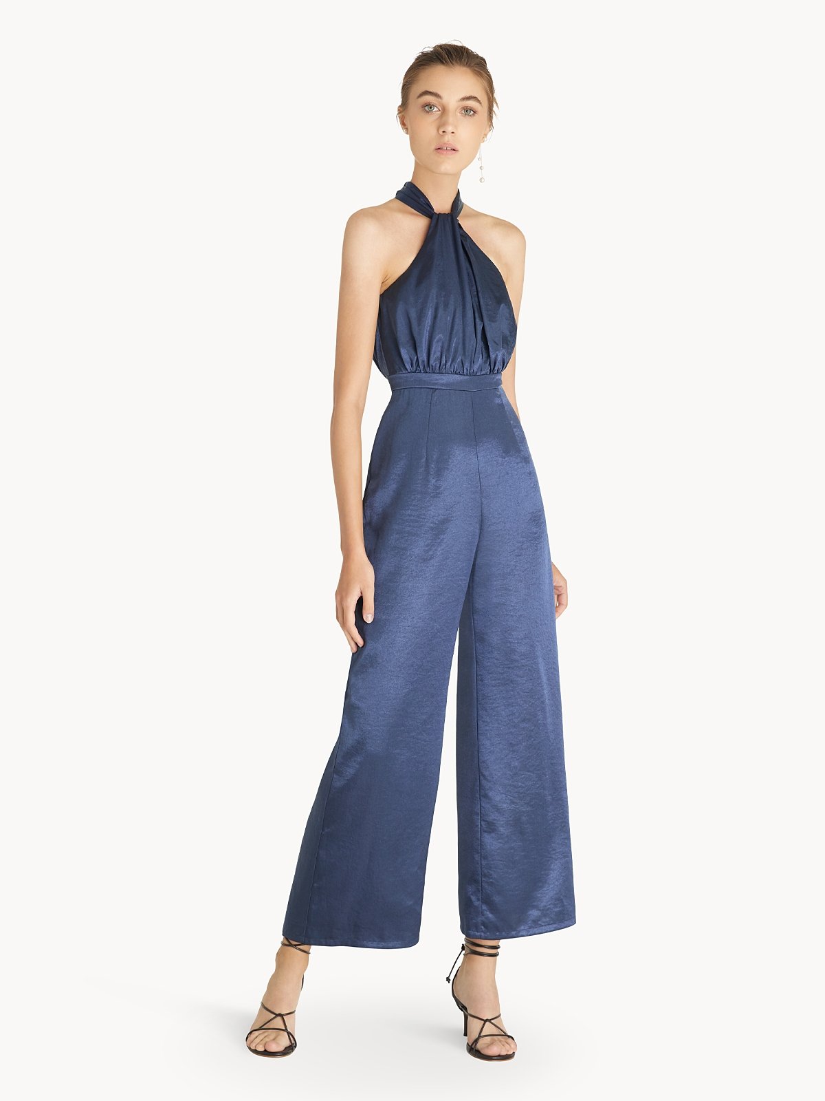 Satin Open Back Halter Jumpsuit Navy