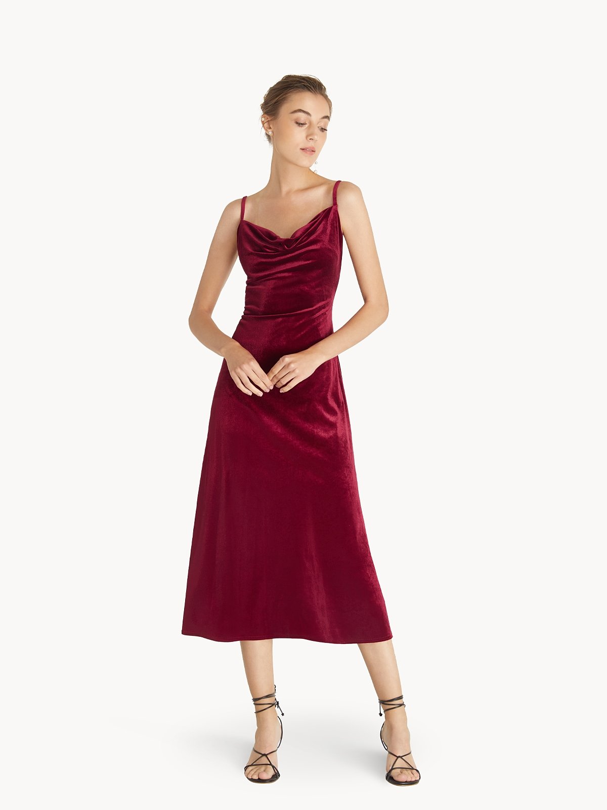 Crush Velvet Cowl Neck Slip Dress Red Pomelo Fashion 2498