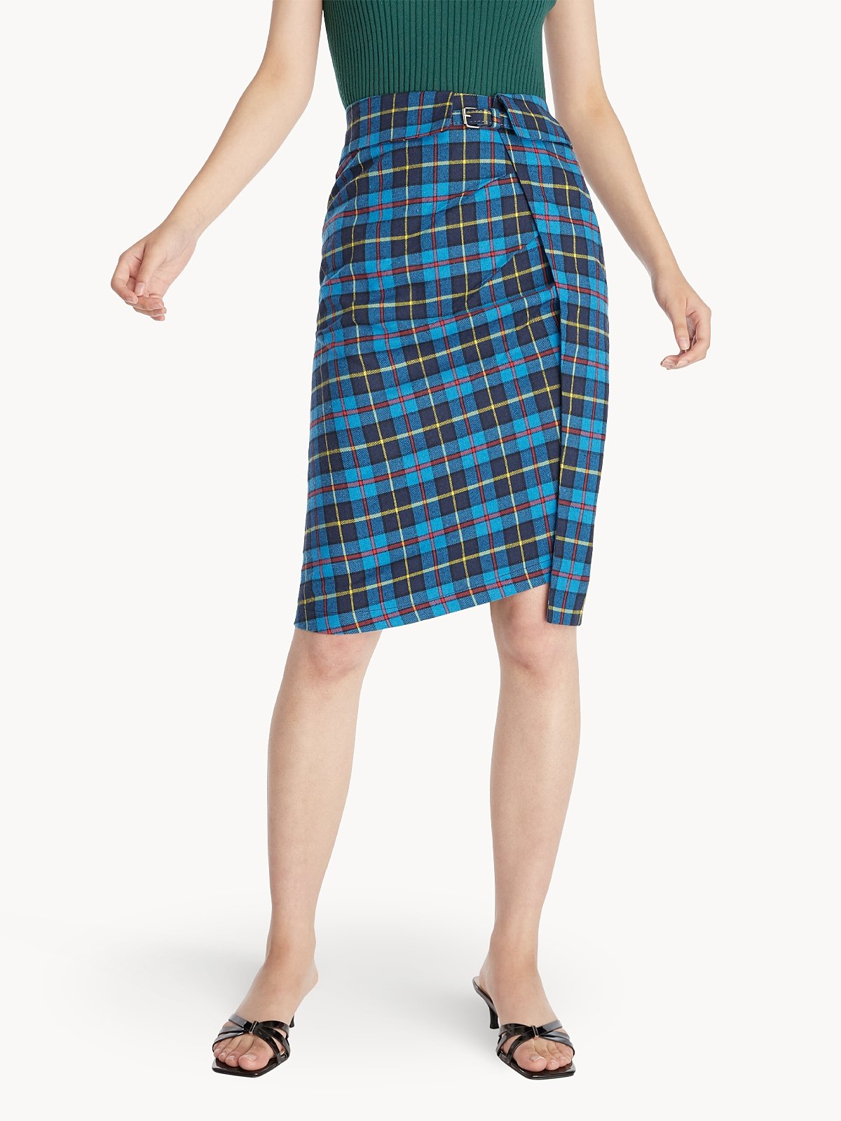 Tartan Belted Pencil Skirt Blue Pomelo Fashion