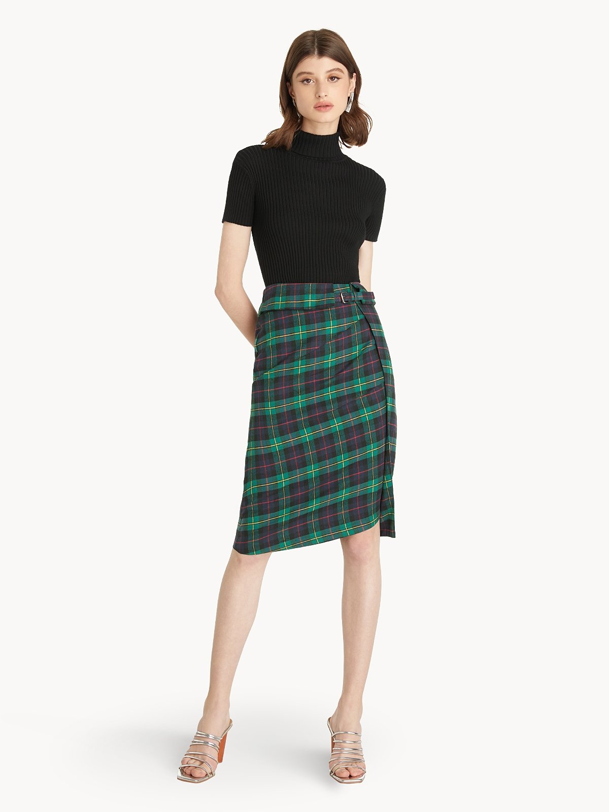 Tartan Belted Pencil Skirt Green