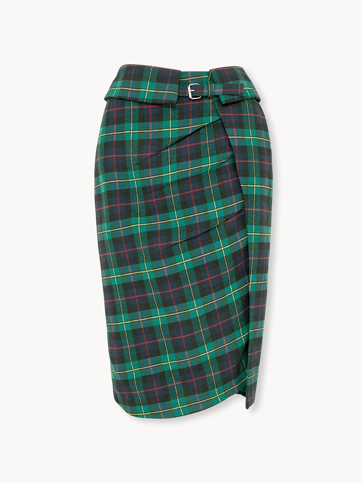 Tartan Belted Pencil Skirt Green Pomelo Fashion