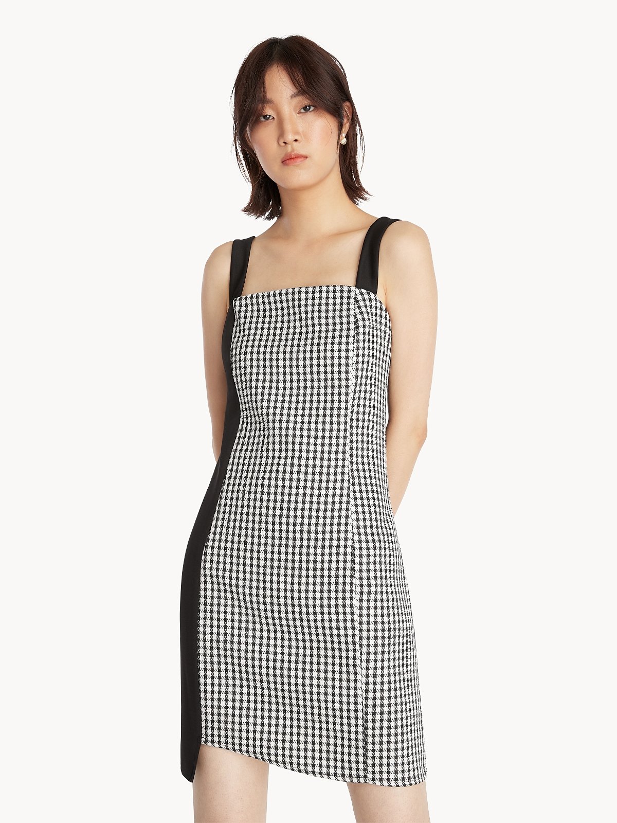 Mini Asymmetrical Hem Gingham Dress Black Pomelo Fashion