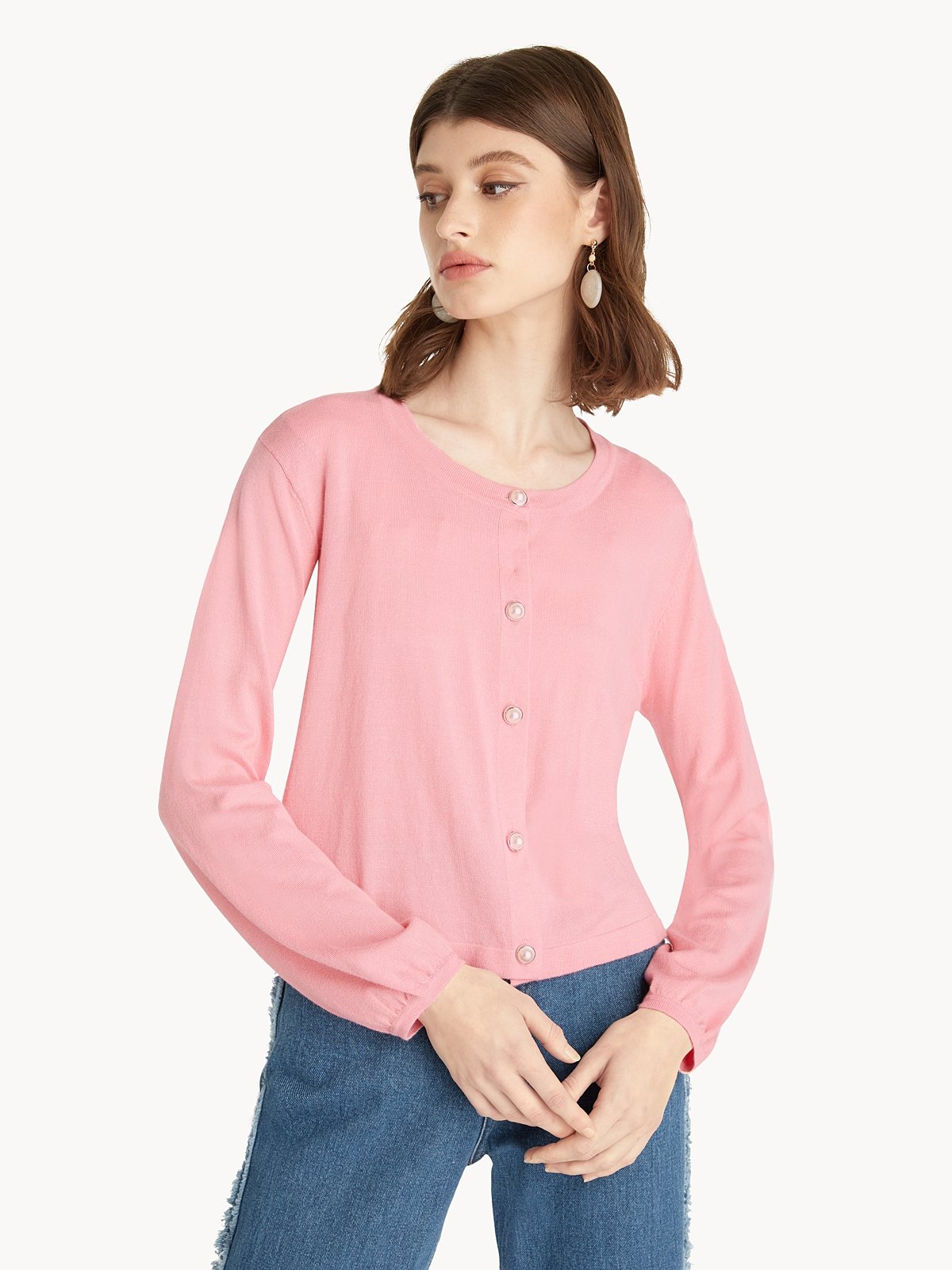 Knitted Crew Neck Cardigan Pink Pomelo Fashion
