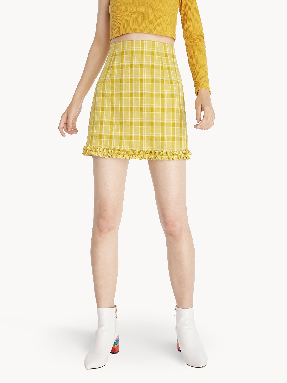Mini Plaid Frill Skirt Yellow Pomelo Fashion