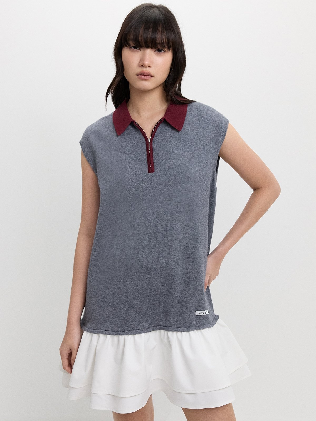 Half-Zip Ruffled Polo Dress - Cream - White Grey - Pomelo Fashion