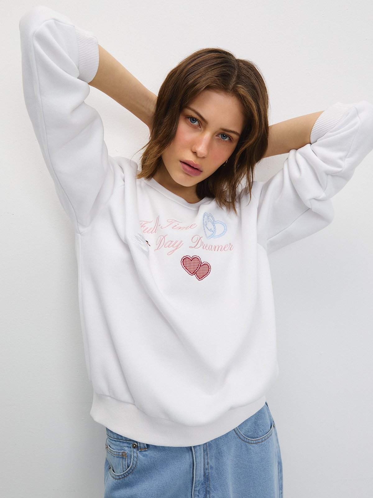 Embroidered Sweatshirt - White - Pomelo Fashion