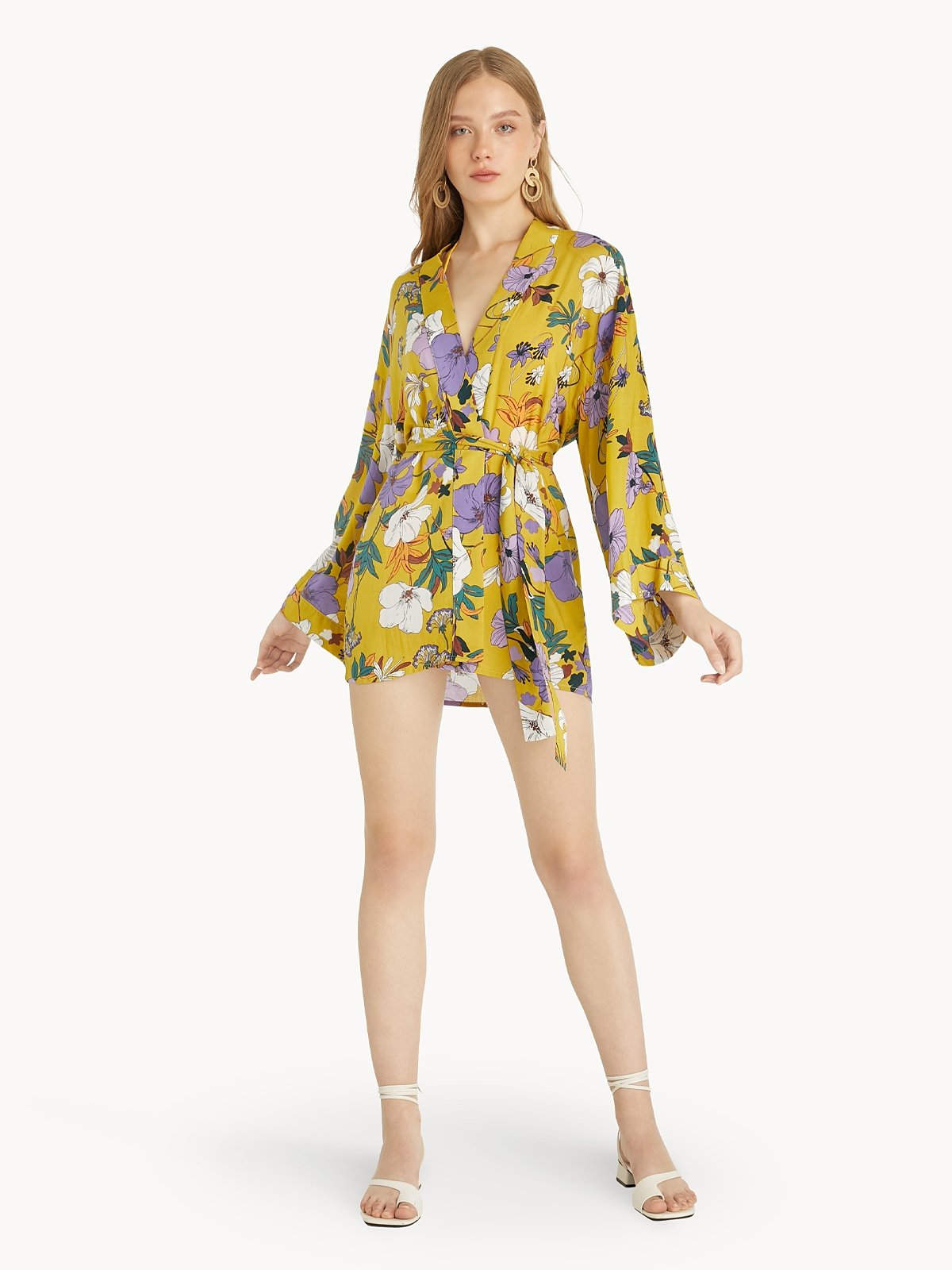 Abstract Floral Kimono Wrap Top Yellow Pomelo Fashion