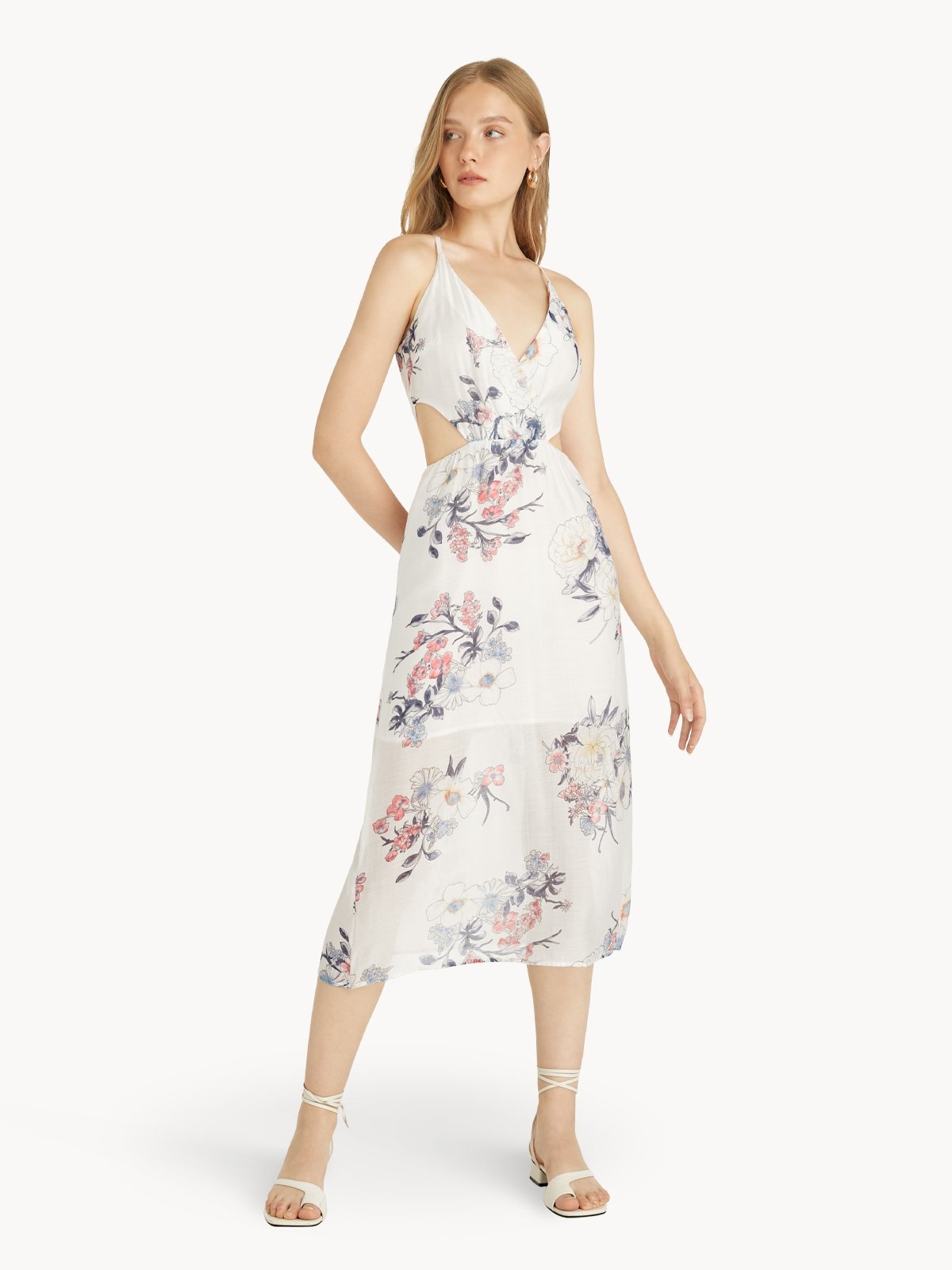 Side Cut Out Sheer Floral Dress White