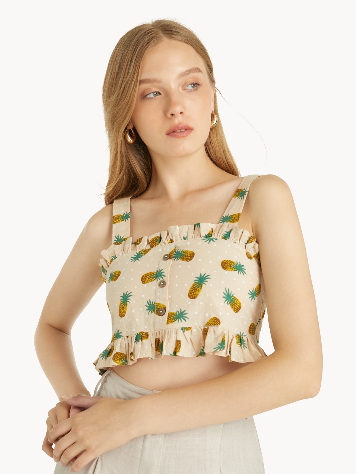 Cropped Frill Pineapple Tank Top Cream