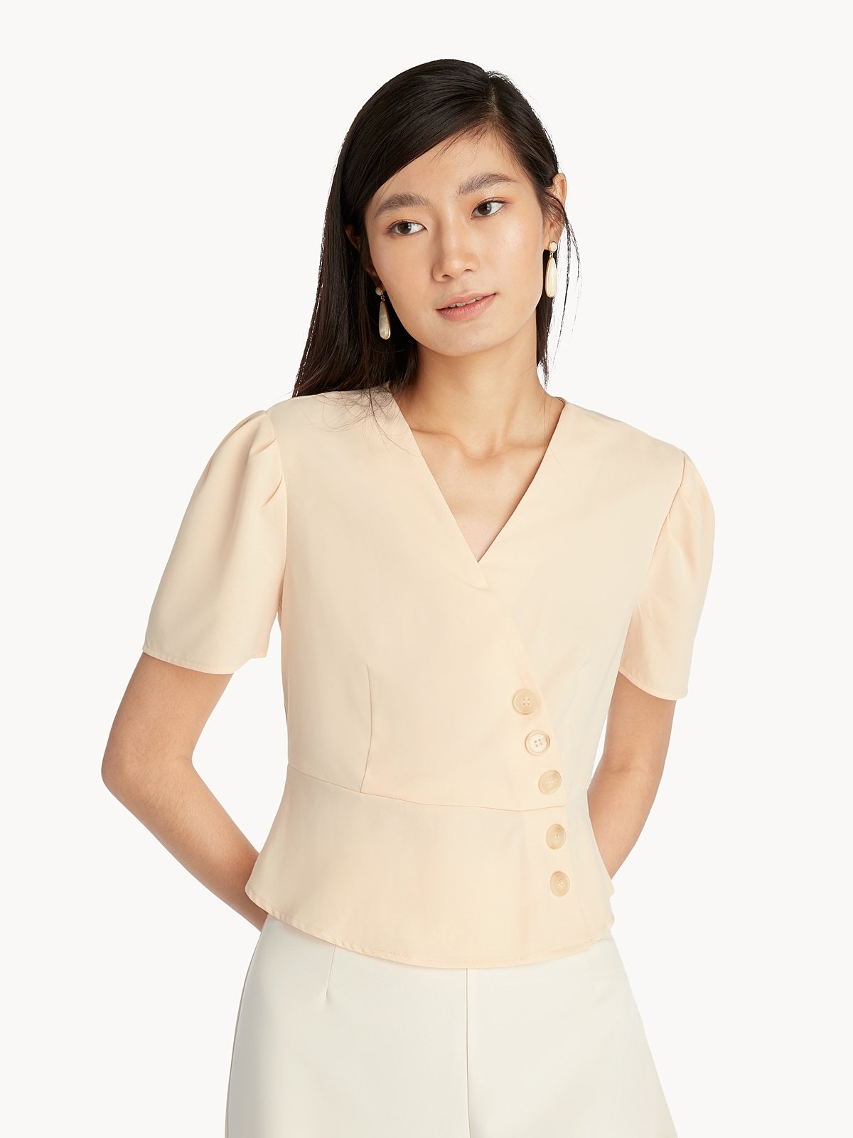 Surplice Neck Side Buttons Blouse - Cream - Pomelo Fashion