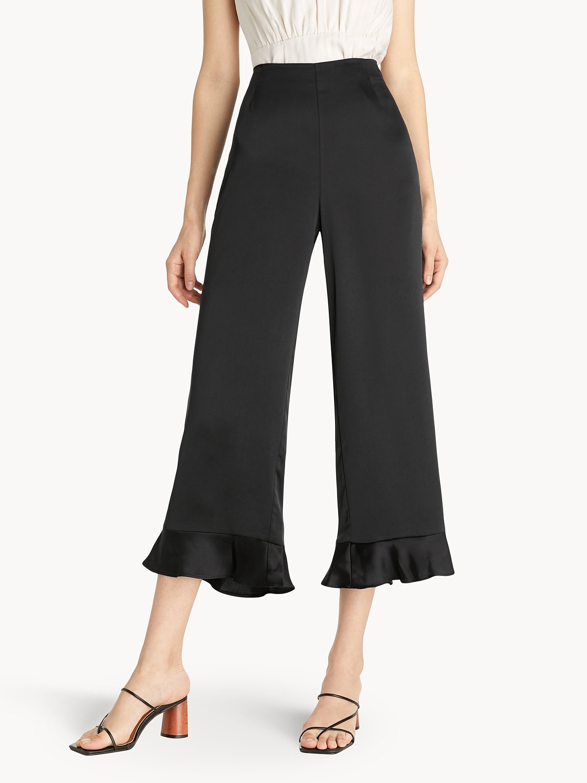 Cropped Bottom Frill Satin Pants Black Pomelo Fashion