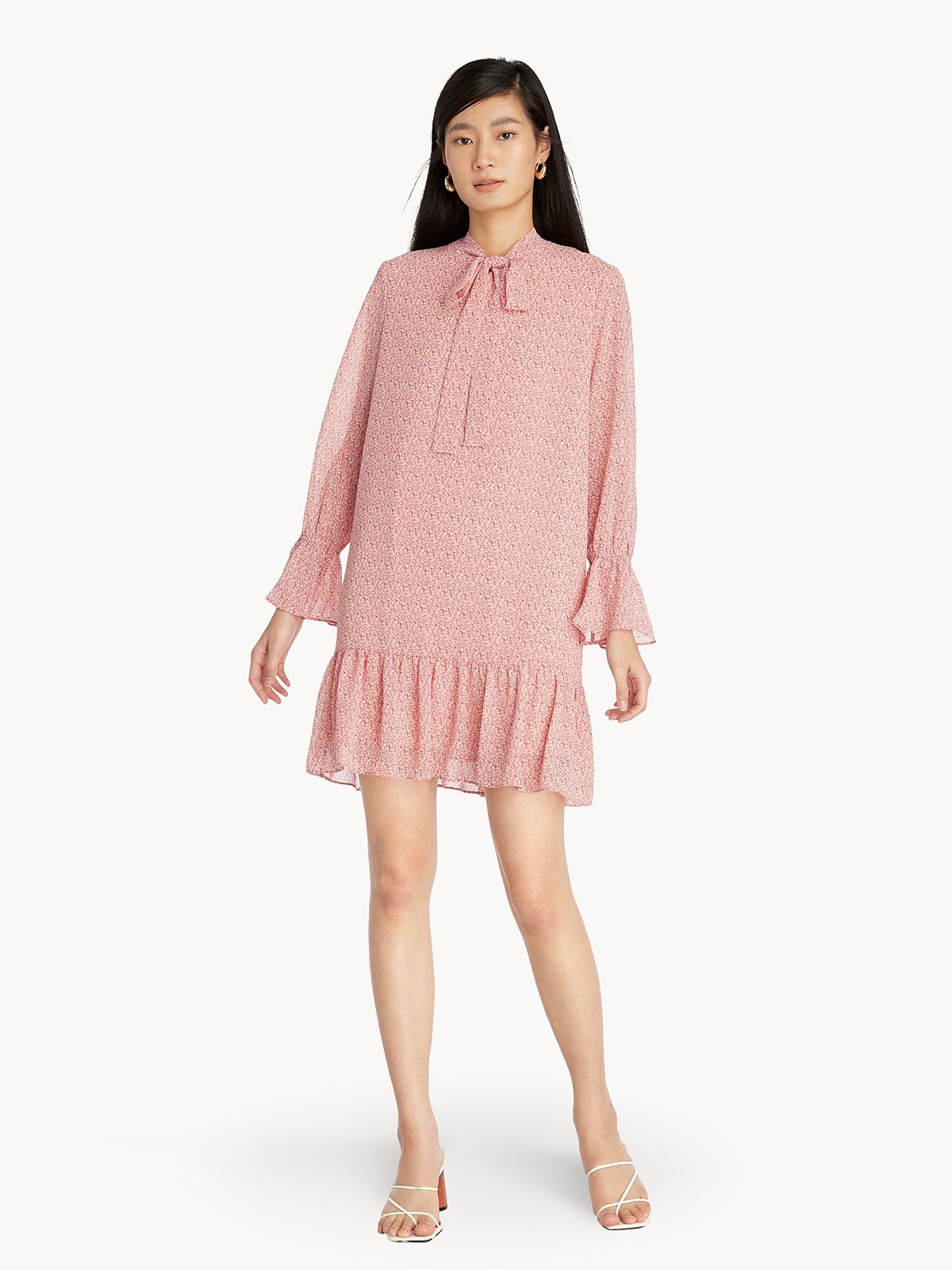 Tie Neck Peasant Shift Dress Pink