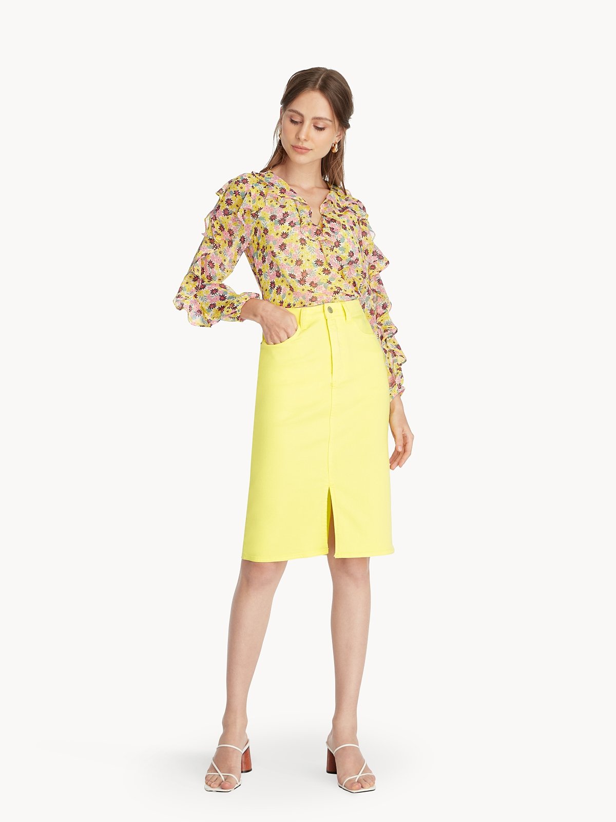 Front Slit Denim Skirt Yellow Pomelo Fashion