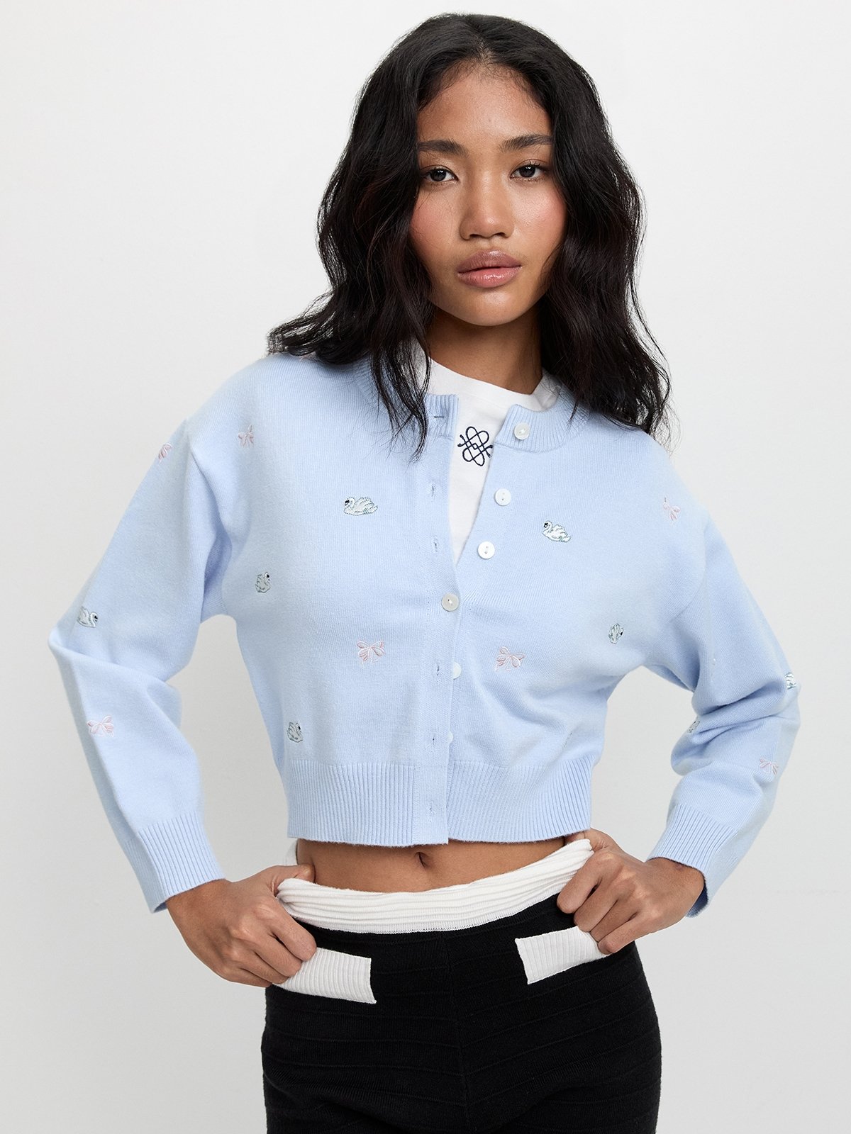 Swan Embroidery Cropped Cardigan - Baby Blue - Pomelo Fashion