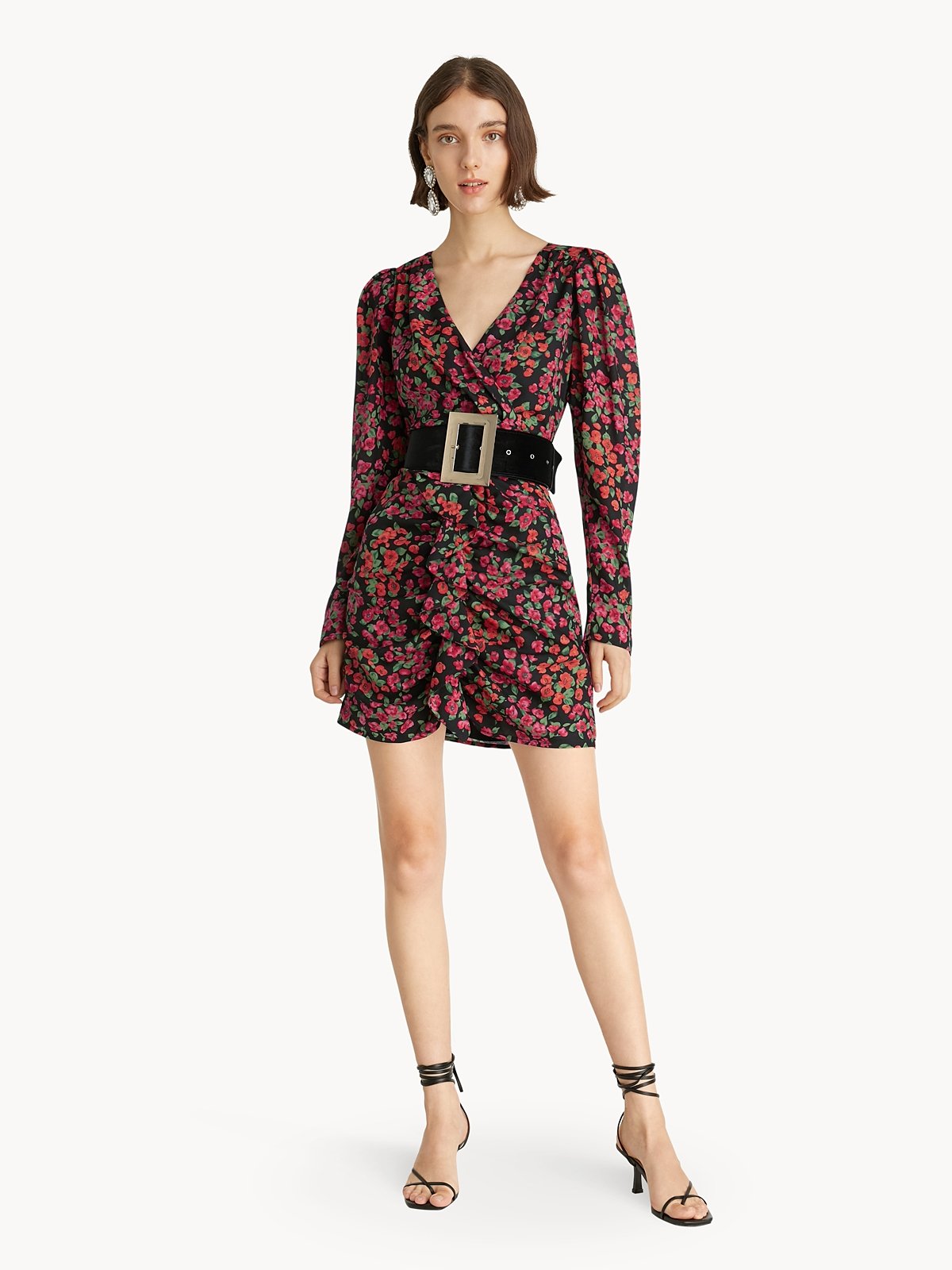 Mini Belted Retro Floral Dress Black Pomelo Fashion