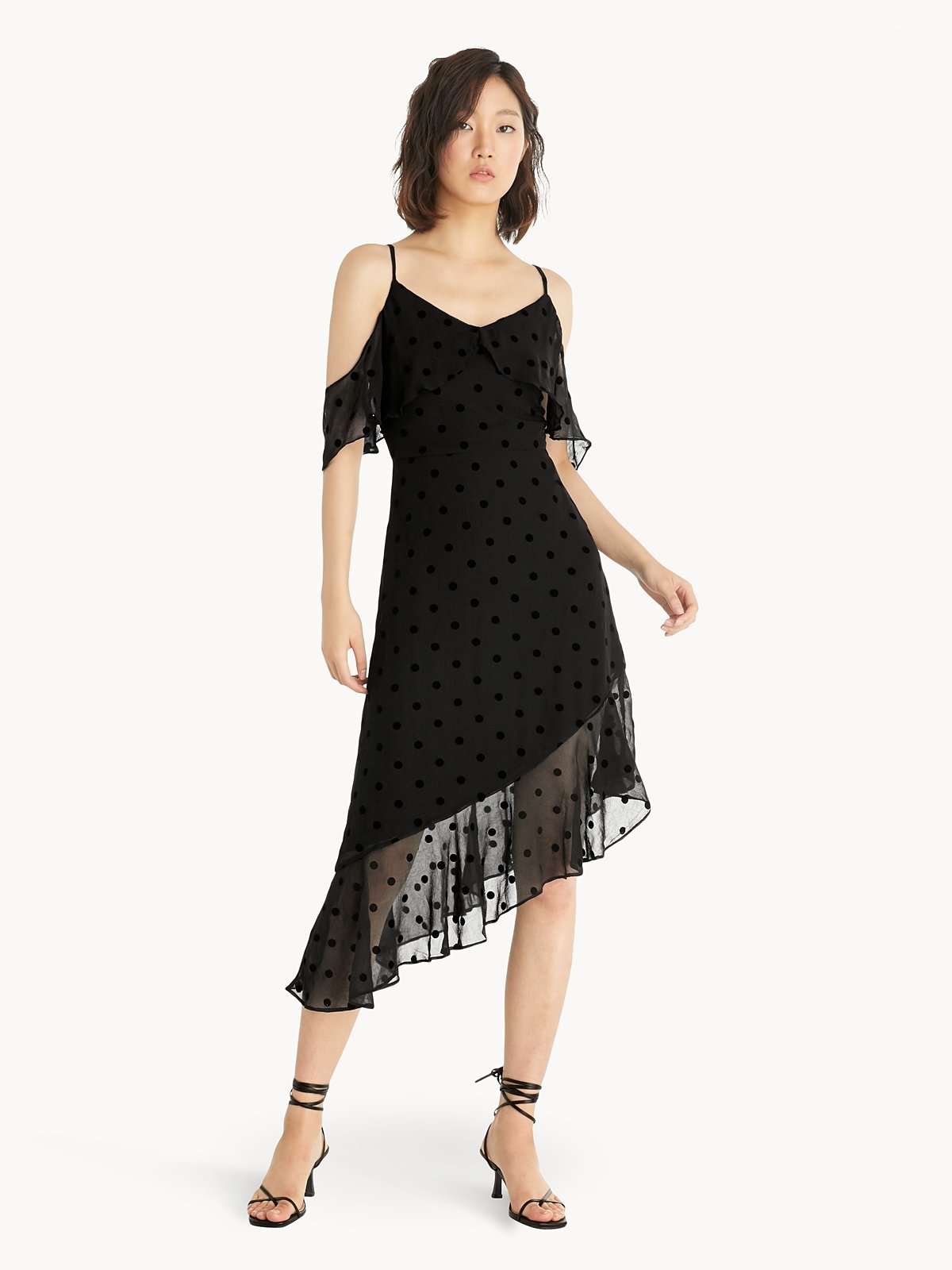 Cold Shoulder Ruffled Dress Black Pomelo Fashion