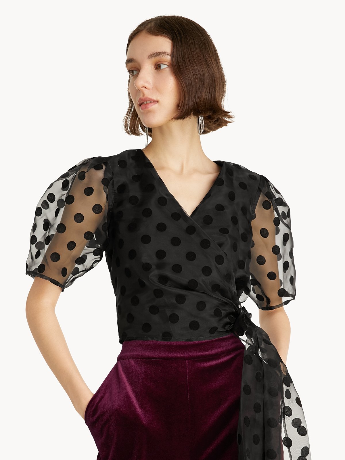 Black polka dot wrap top discount