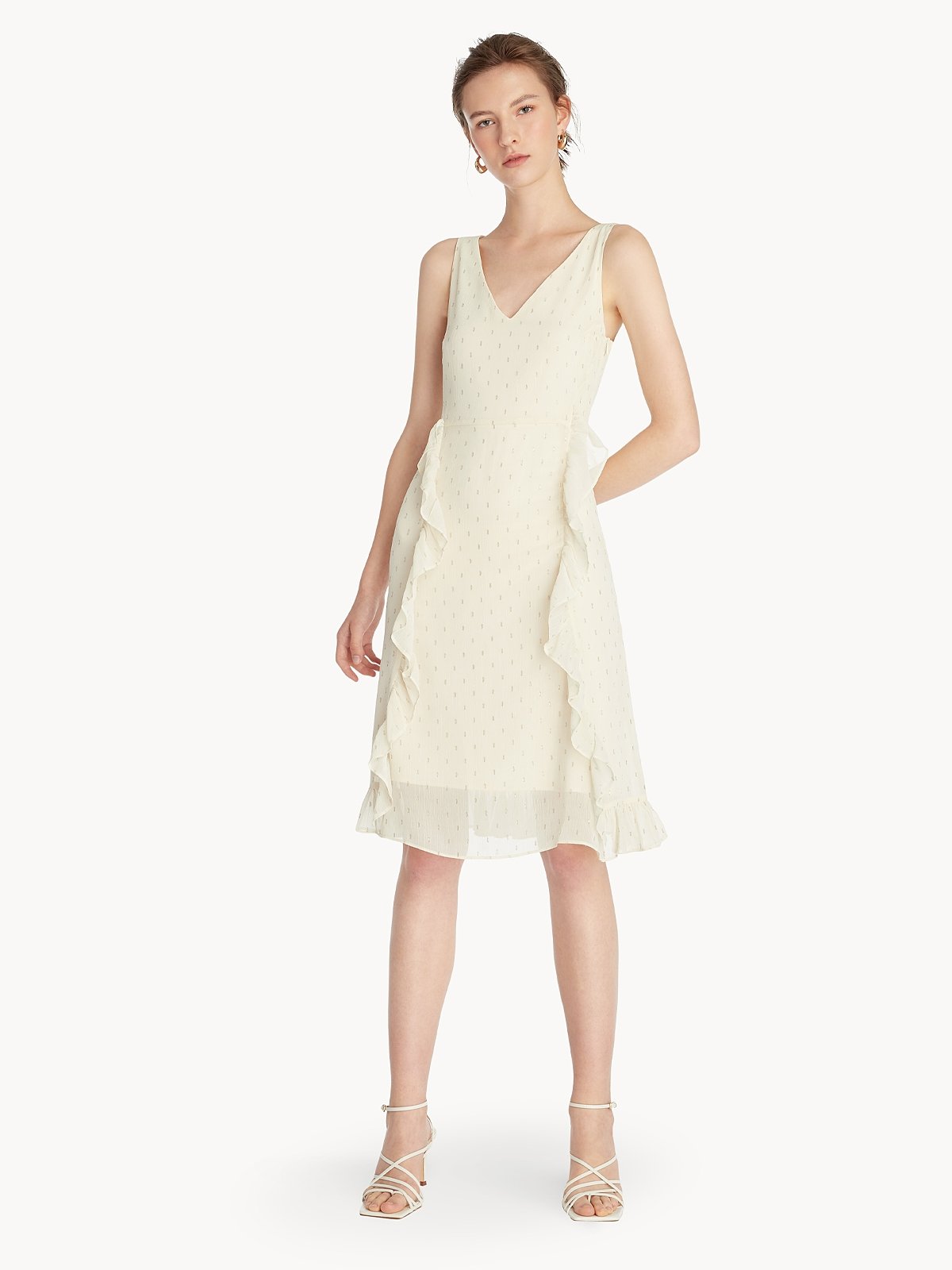 Front Frills V Neck Sleeveless Dress Cream Pomelo Fashion