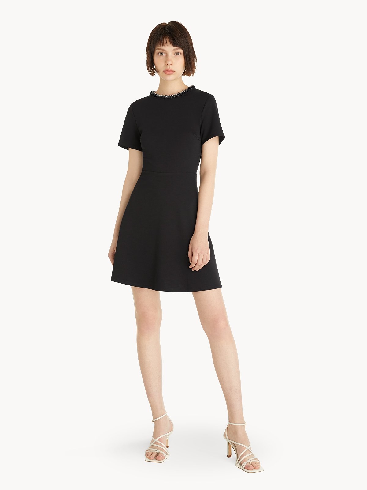 Neck Detail A Line Skater Dress Black Pomelo Fashion