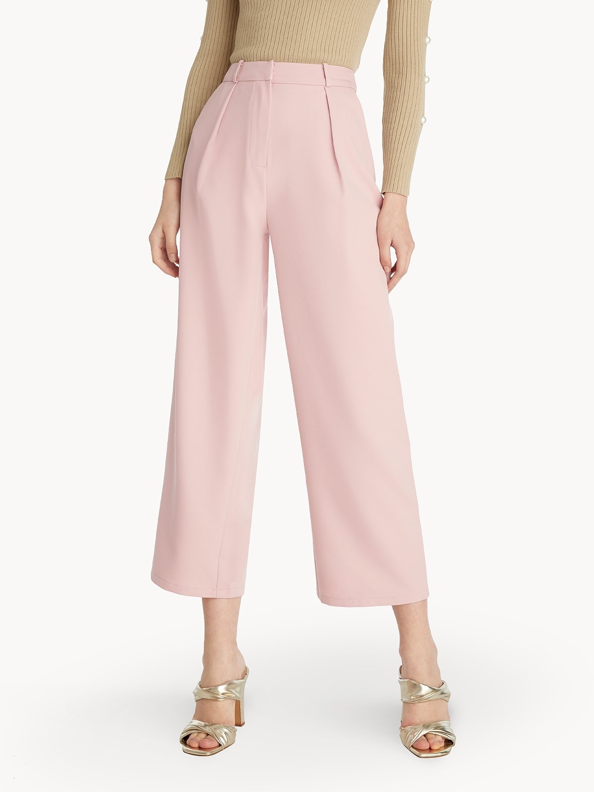 Rhinestone Button Wide Leg Pants - Pink - Pomelo Fashion