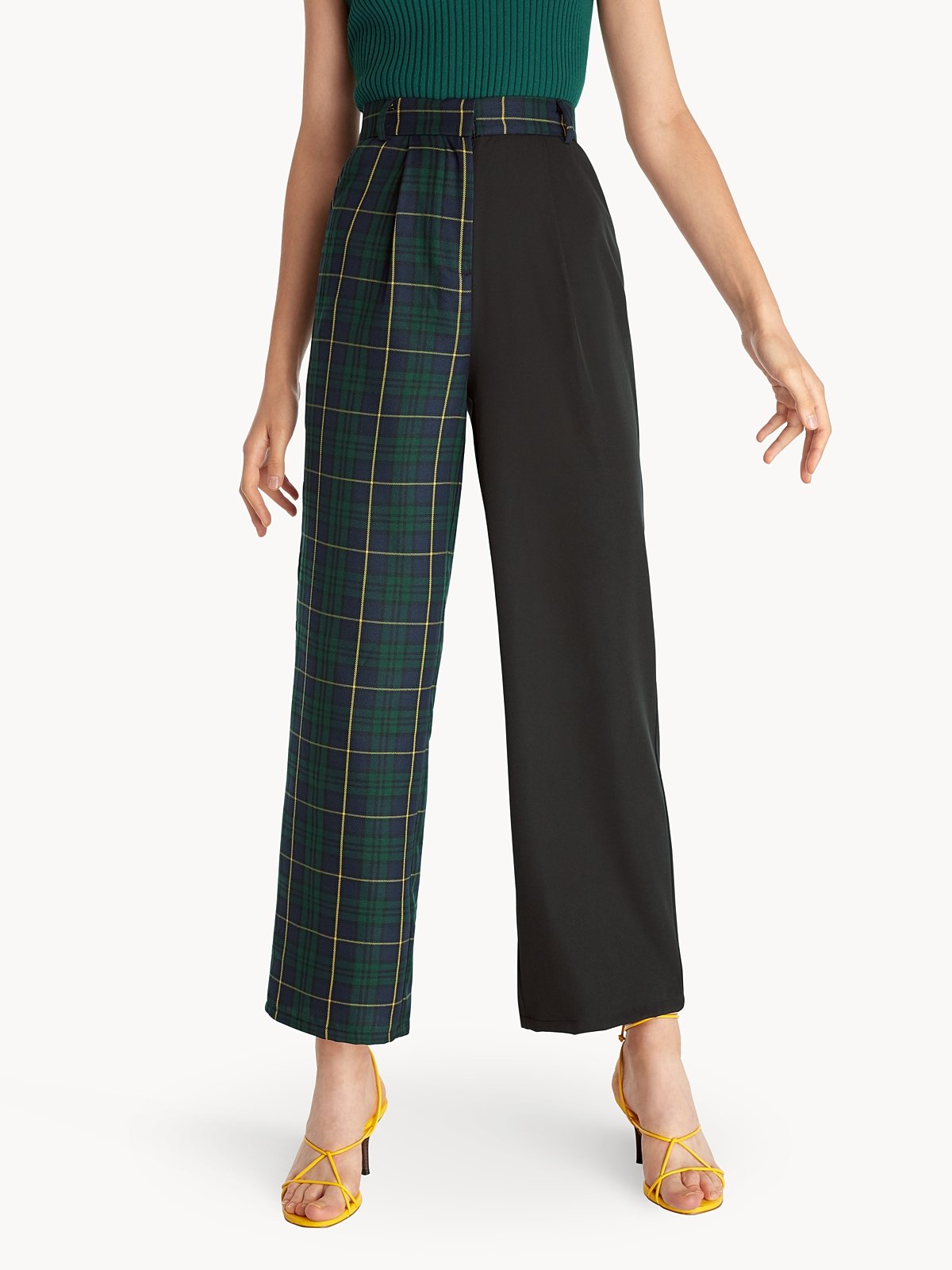 Half Tartan Straight Pants Dark Green Pomelo Fashion