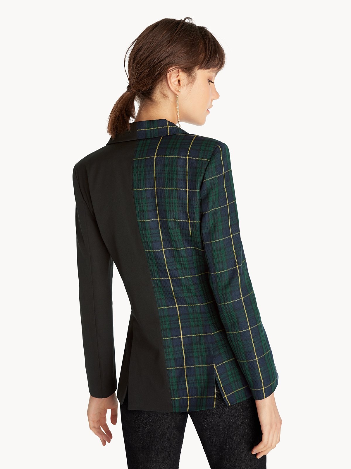 Half Tartan Tied Blazer Dark Green Pomelo Fashion