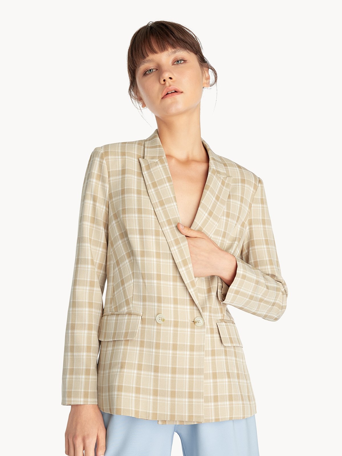 Double Breasted Plaid Blazer Brown Pomelo Fashion