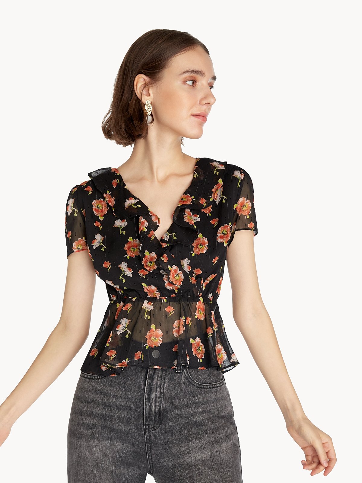 Floral Ruffled Peplum Top Black Pomelo Fashion