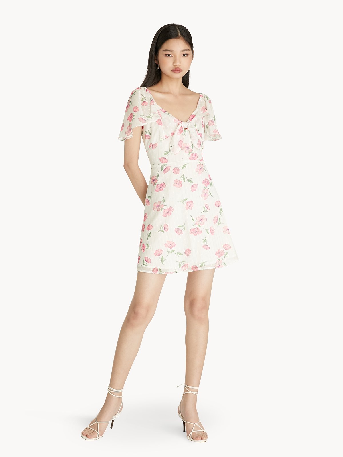 Mini Floral Petal Sleeve Dress White Pomelo Fashion