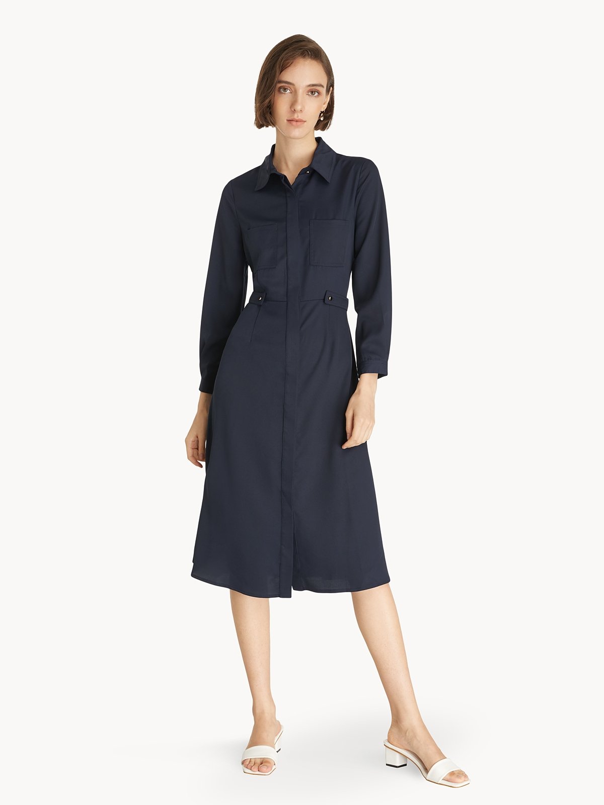 Long Sleeve Utility Shirt Dress Navy Pomelo Fashion