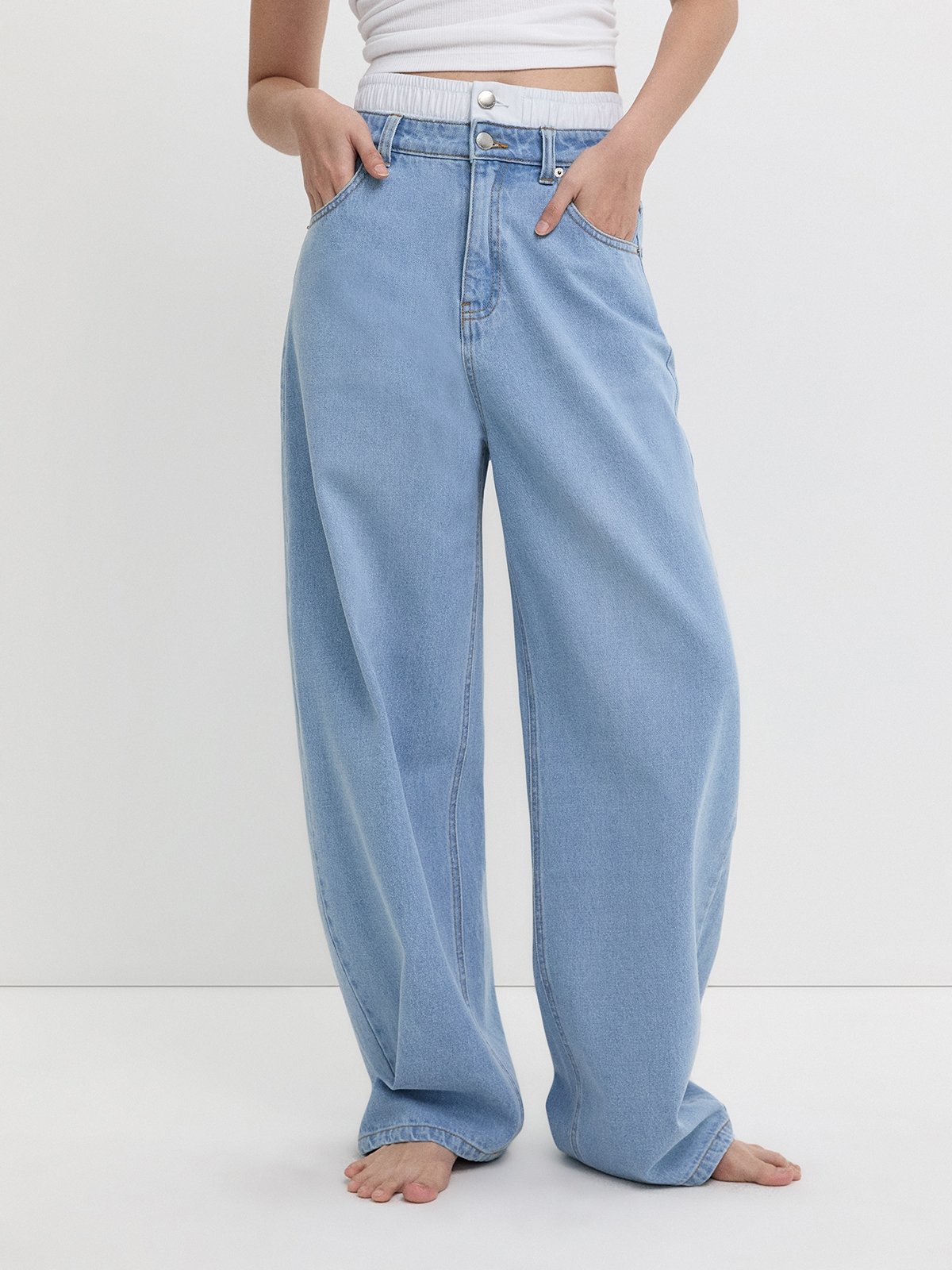 pomelo Pomelo Layered Denim Pants - Baby Blue