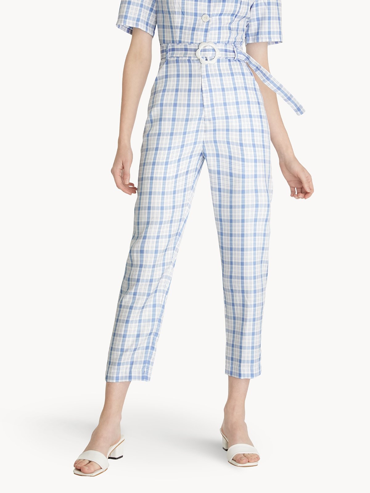 Plaid Flower Buckle Pants Blue Pomelo Fashion