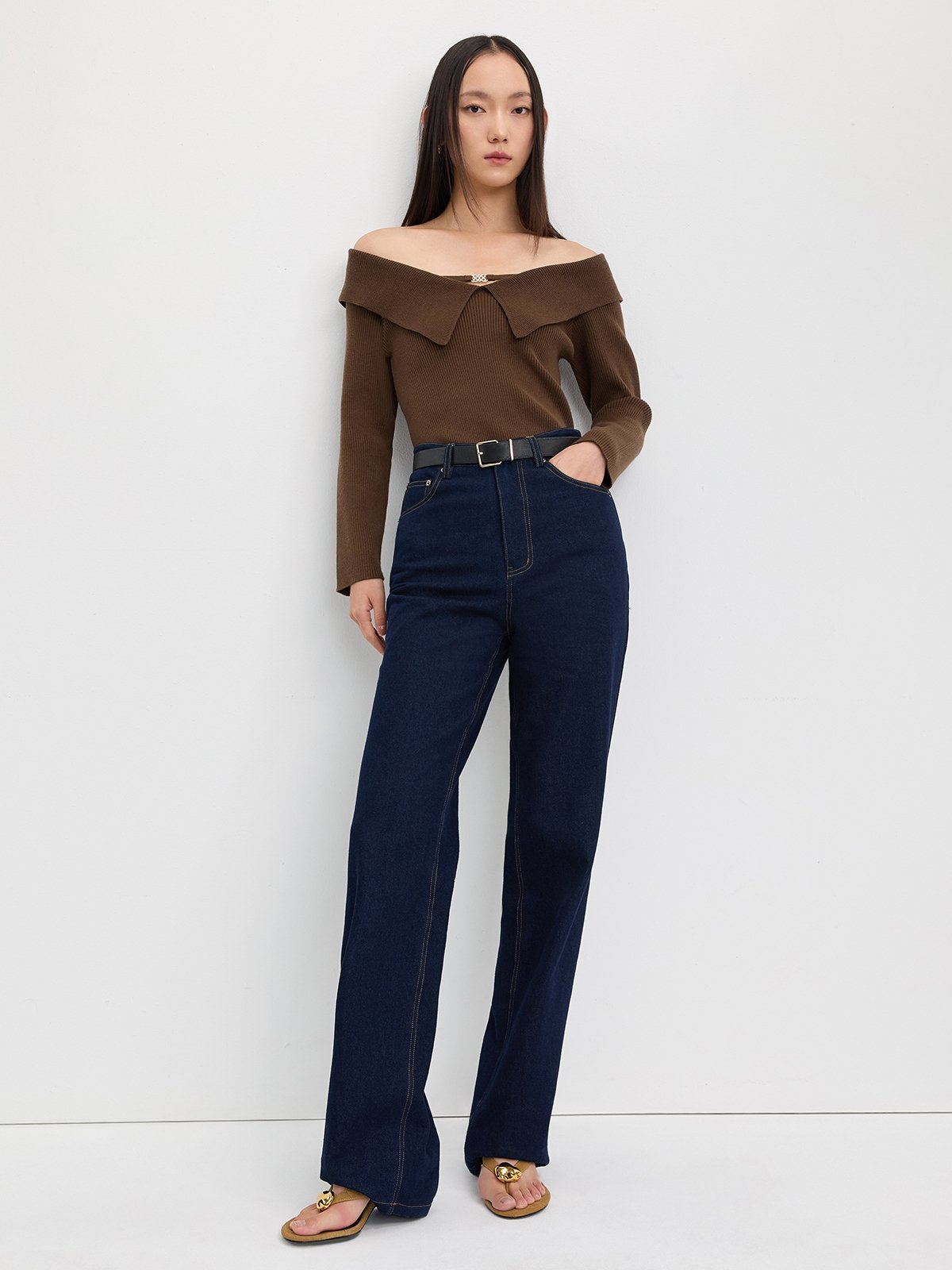 Flap-Collar Off-Shoulder Knit Top - Brown - Pomelo Fashion