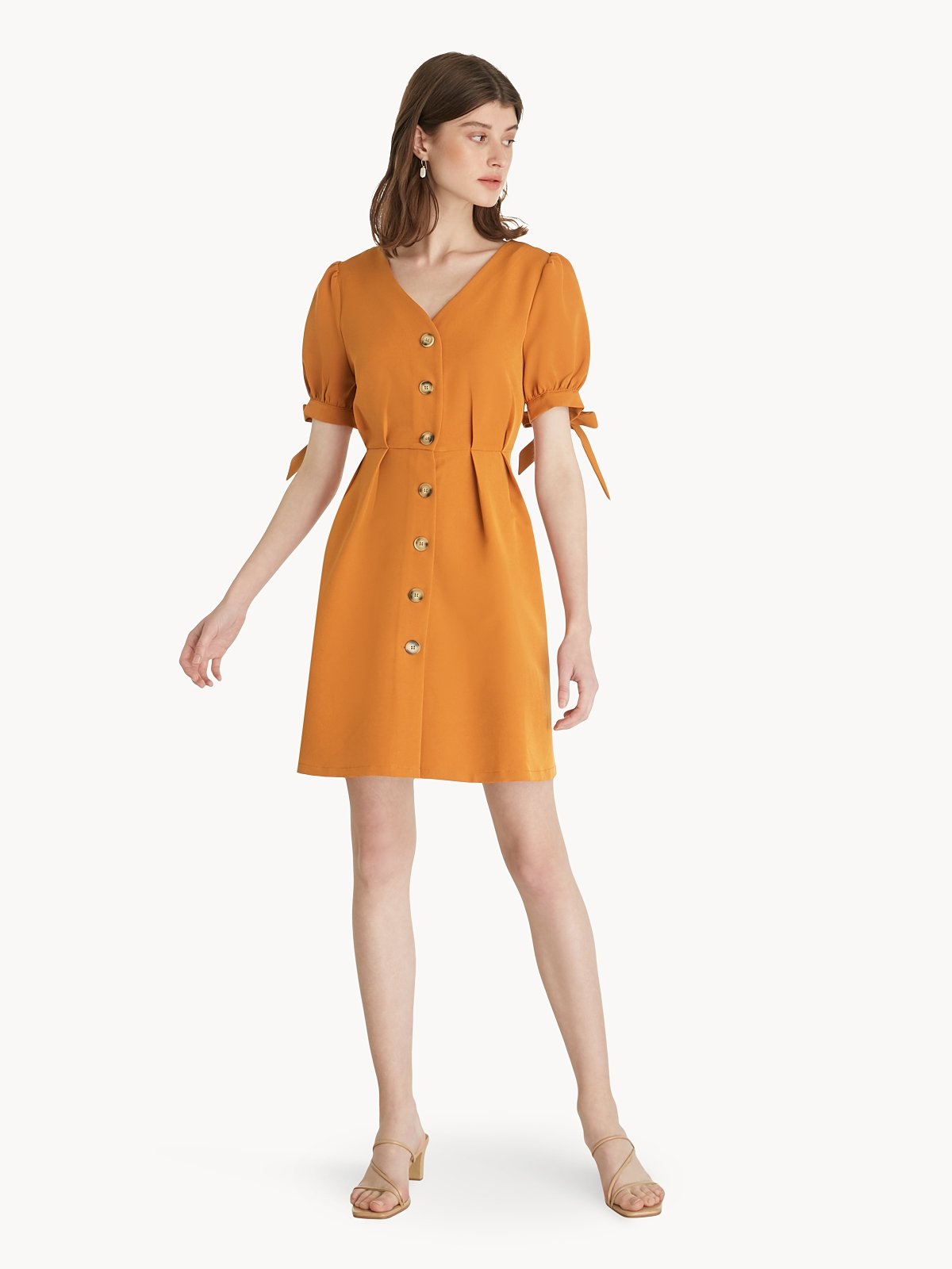Bow Sleeve Button Up Dress Orange Pomelo Fashion
