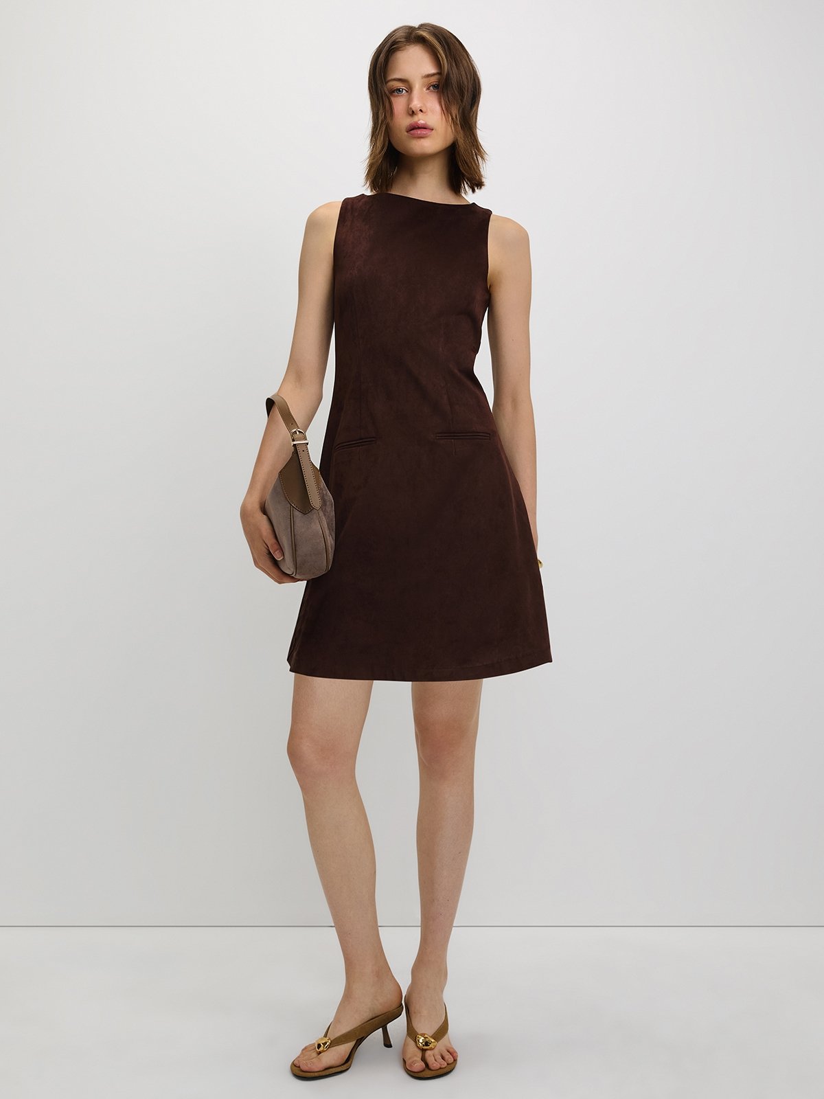 Asymmetric Neckline Dress - Brown - Pomelo Fashion