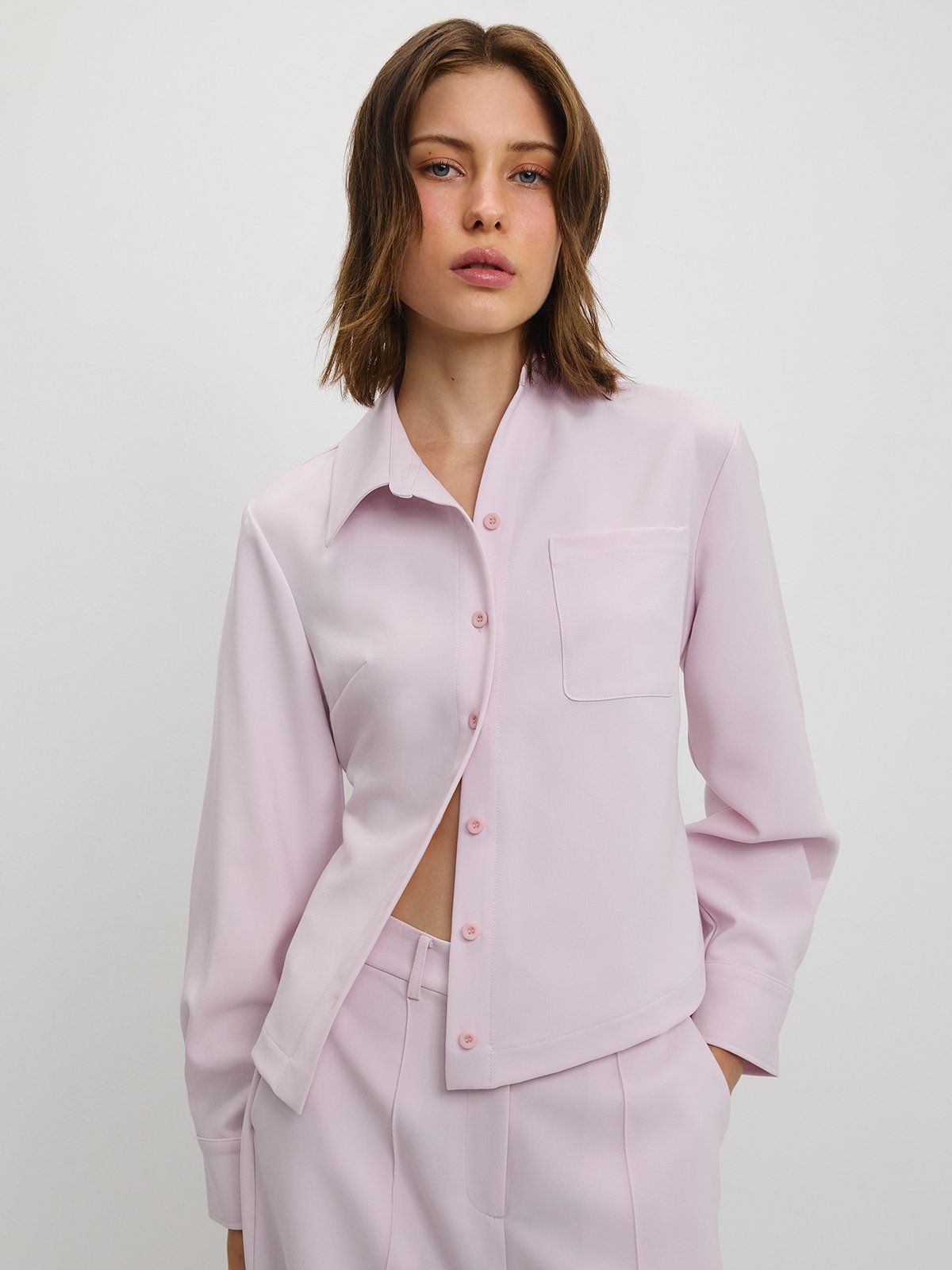 Asymmetric Long-Sleeve Shirt - Light Pink - Pomelo Fashion
