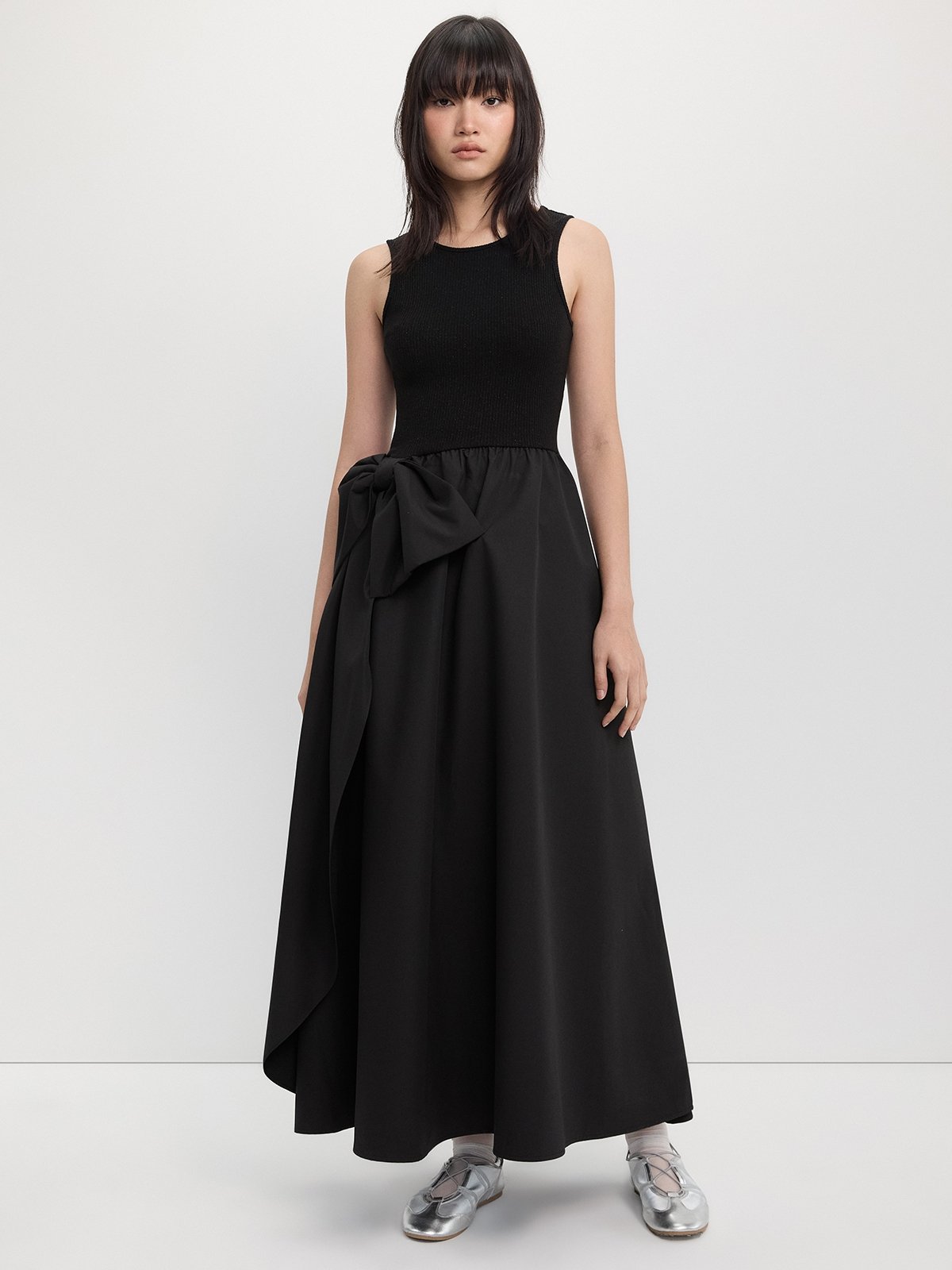 Bow Ribbed Knit Dress - Black