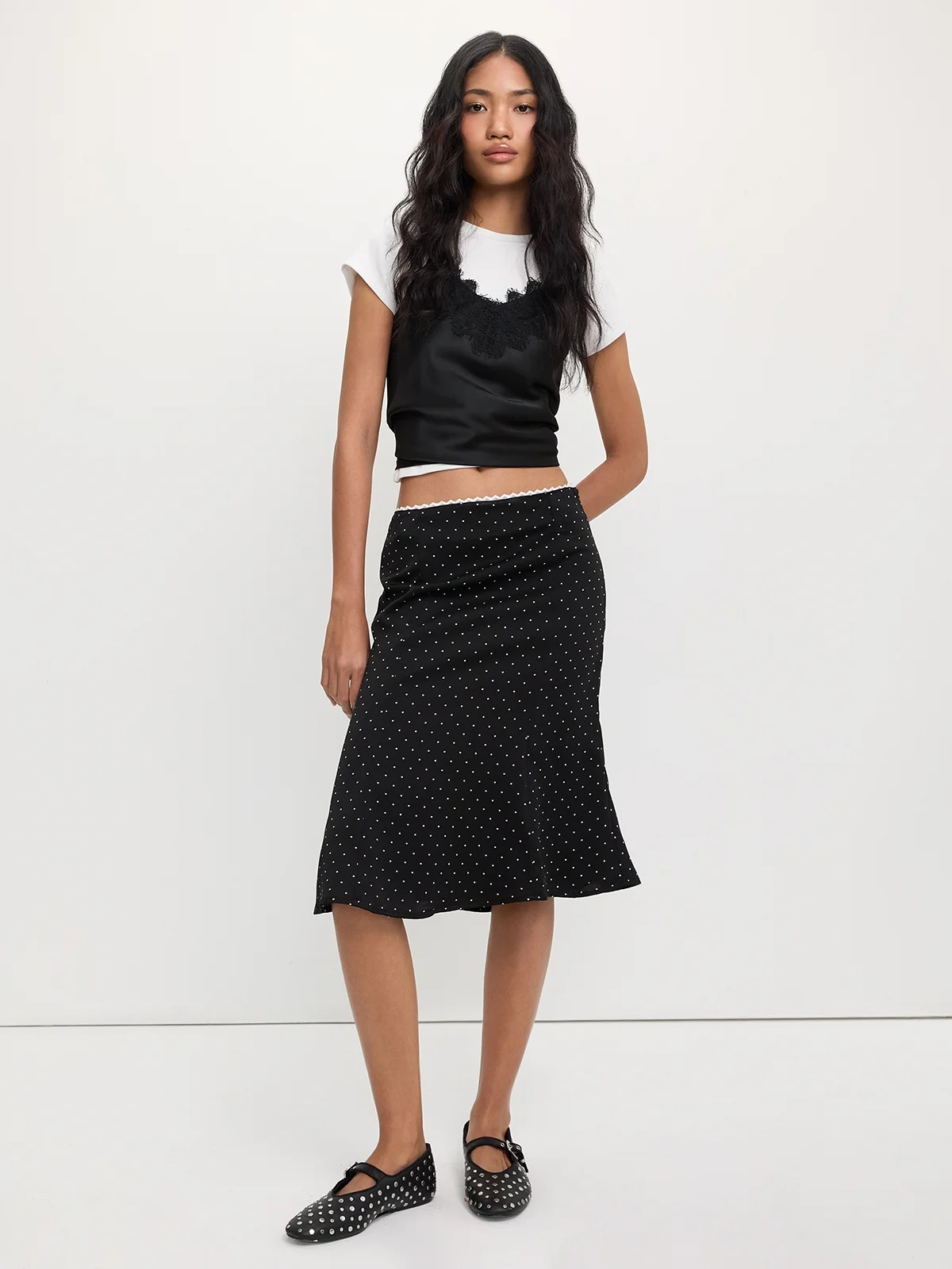 Polka Dot Lace Trim Skirt - Black - Pomelo Fashion