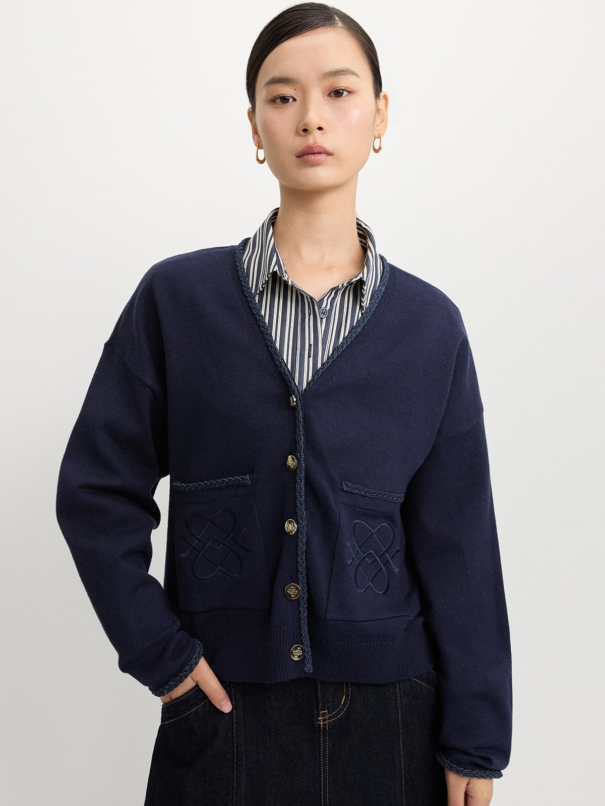 Embroidered Knit Cardigan - Navy - Pomelo Fashion