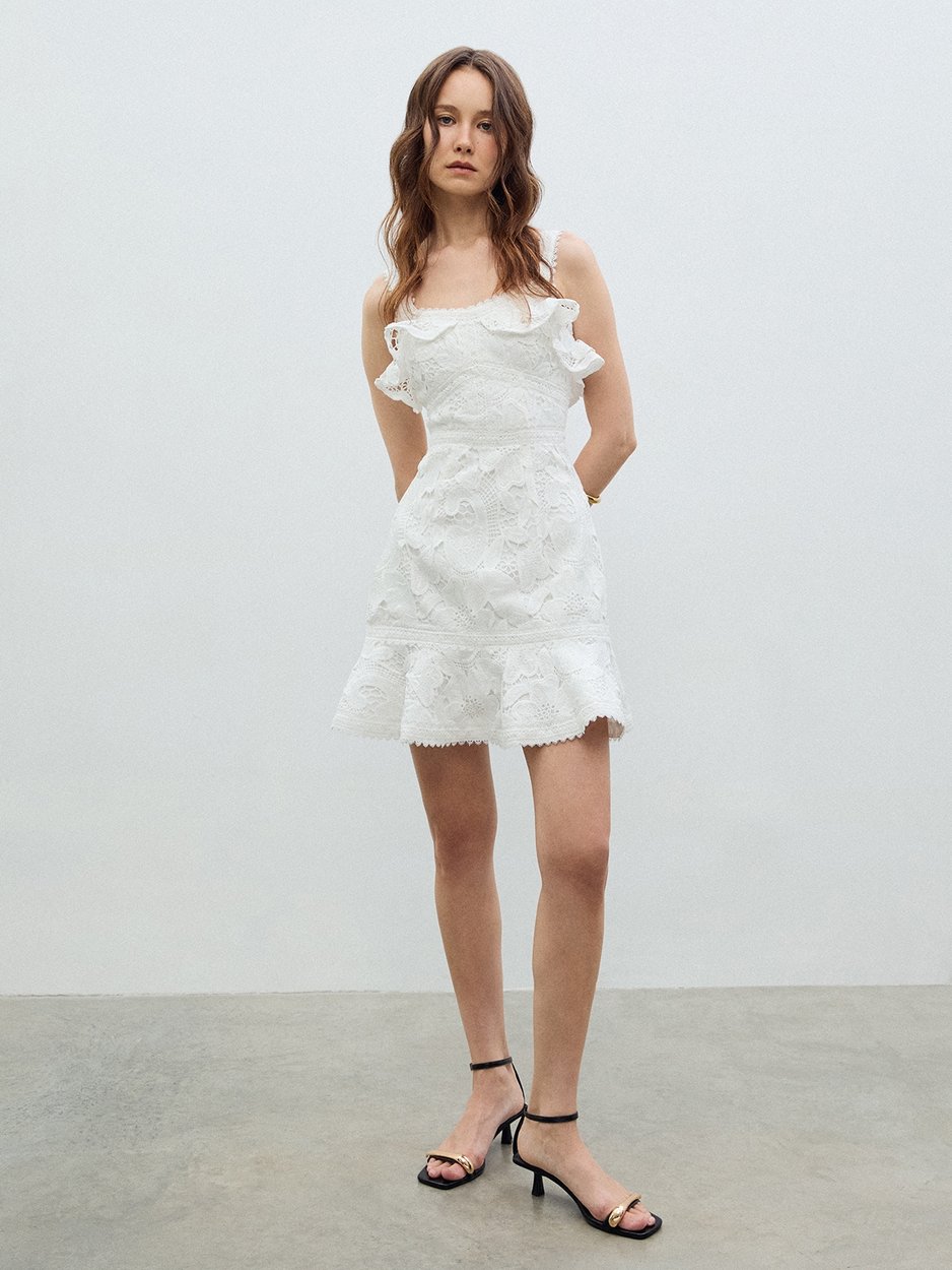 Ruffle Lace Dress - White - Pomelo Fashion Ruffle Lace Dress - White - Pomelo Fashion