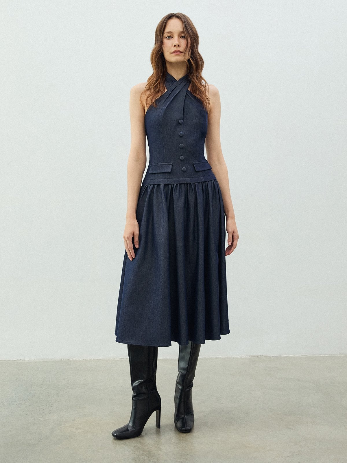 Halter Neck Vest Dress - Dark Blue - Pomelo Fashion