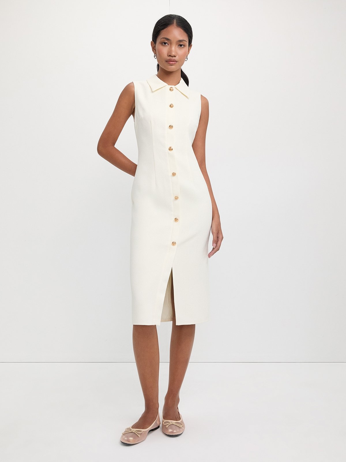 Sleeveless Shirt Dress - Ivory - Pomelo Fashion