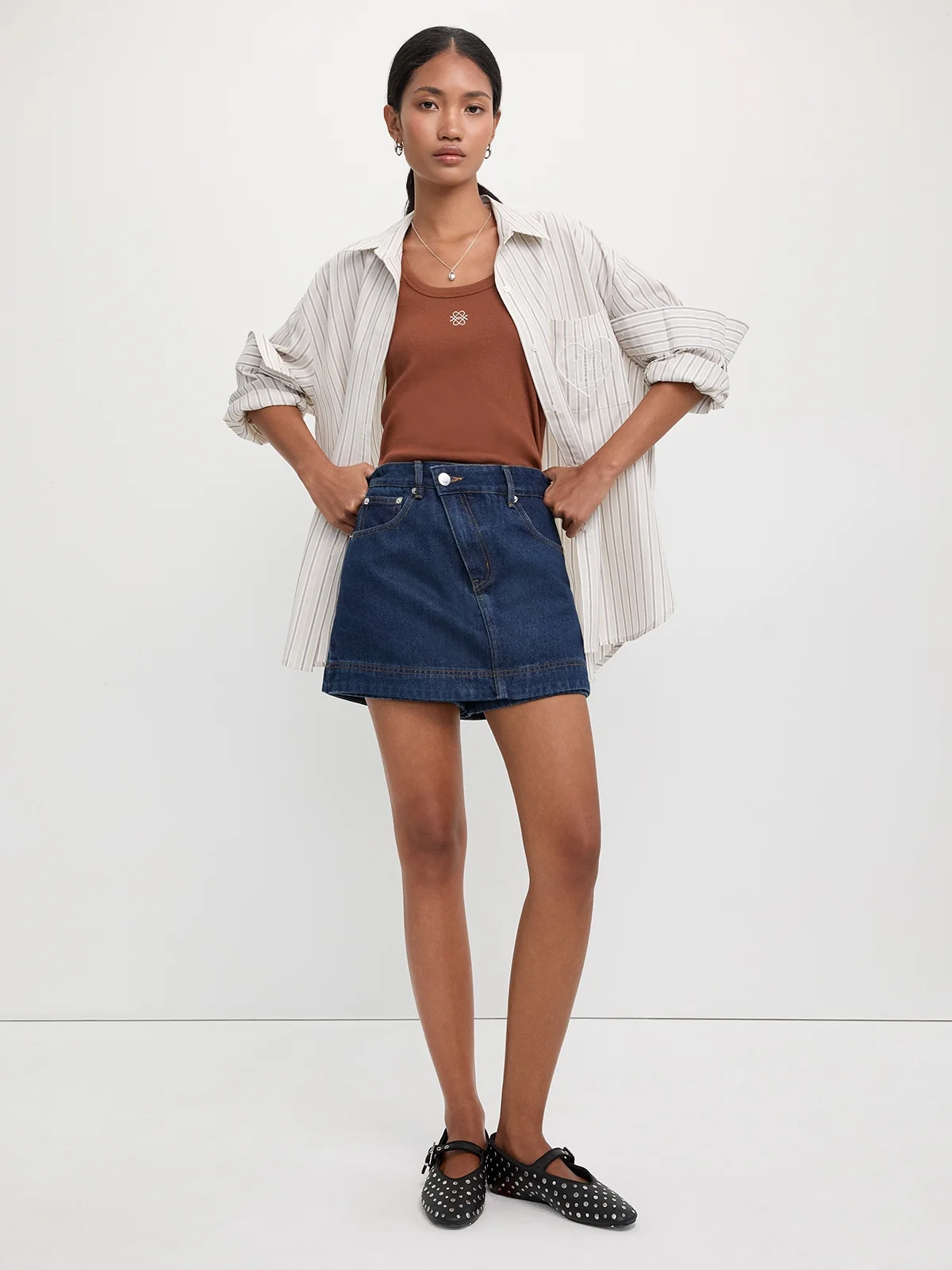 Asymmetrical Waistband Denim Mini Skort - Dark Blue - Pomelo Fashion