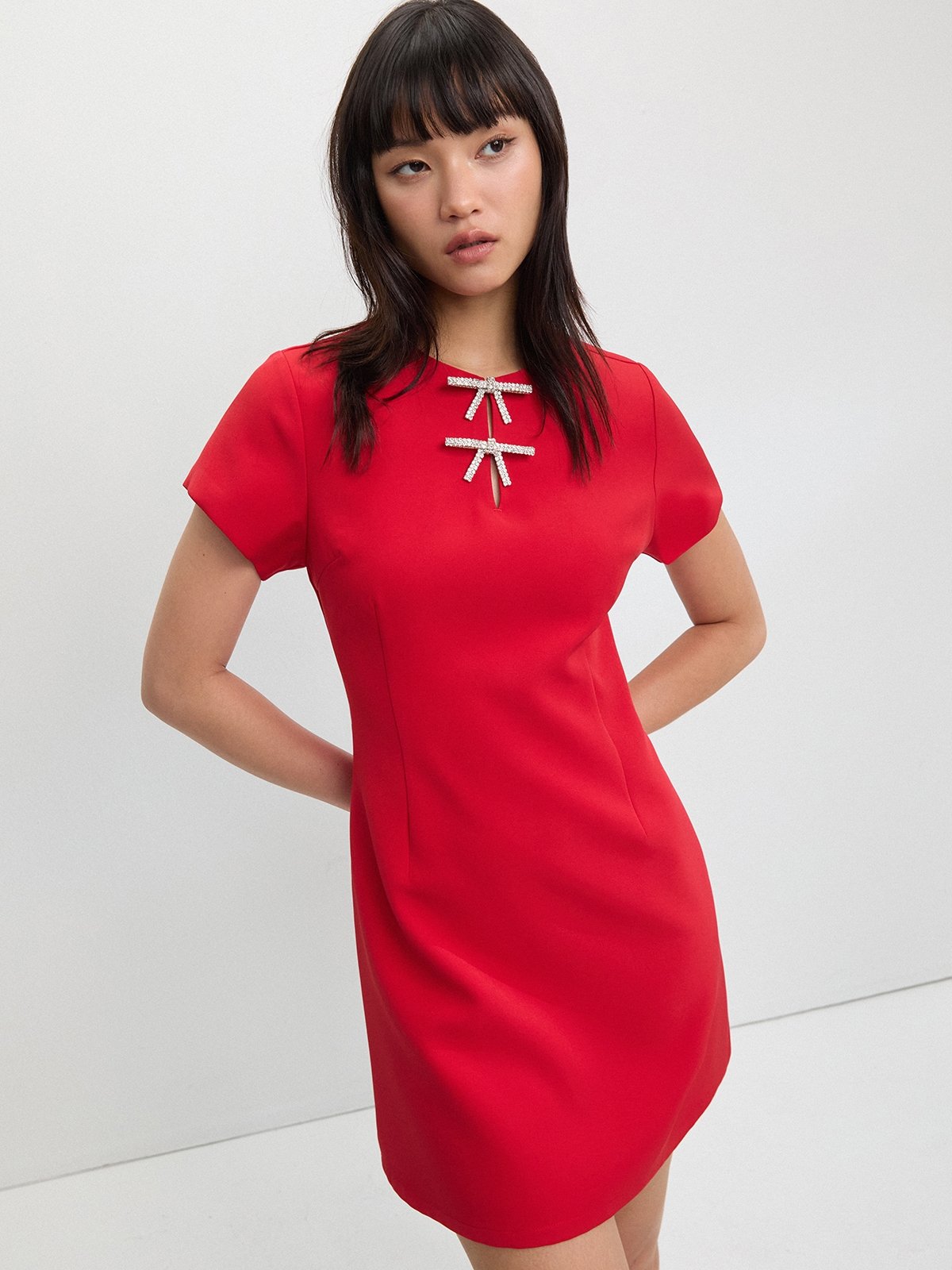 Keyhole Bow Detail Mini Dress - Red - Pomelo Fashion