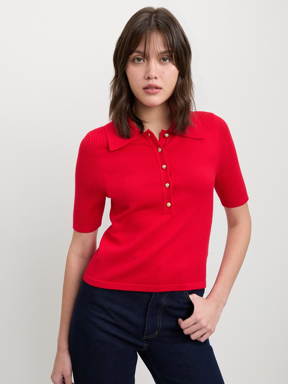 Button-up Knit Top - Red - Pomelo Fashion